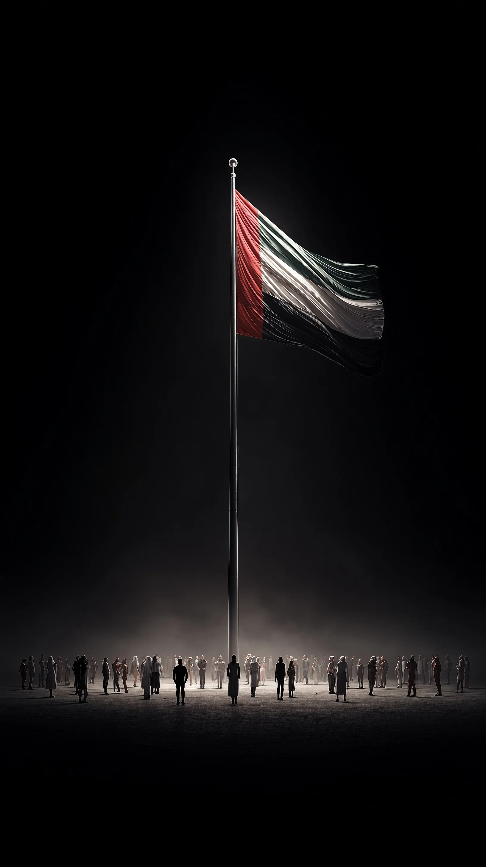 A massive UAE flag with detailed texture illuminated by spotlights above a diverse crowd on a black background.