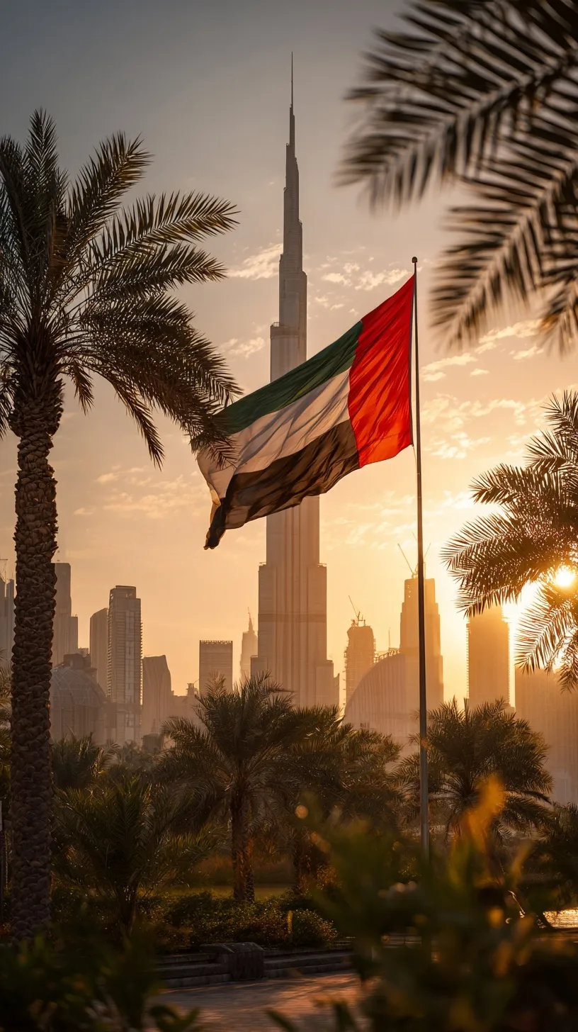 UAE flag waving in front of the Burj Khalifa and Dubai skyline at sunrise, cinematic mobile wallpaper.