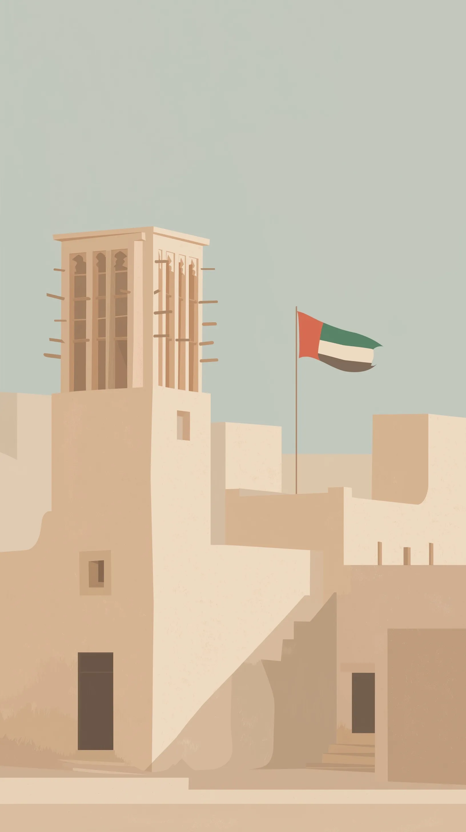 Minimalist vector illustration of an Emirati house with a wind tower and a large, flowing UAE flag.