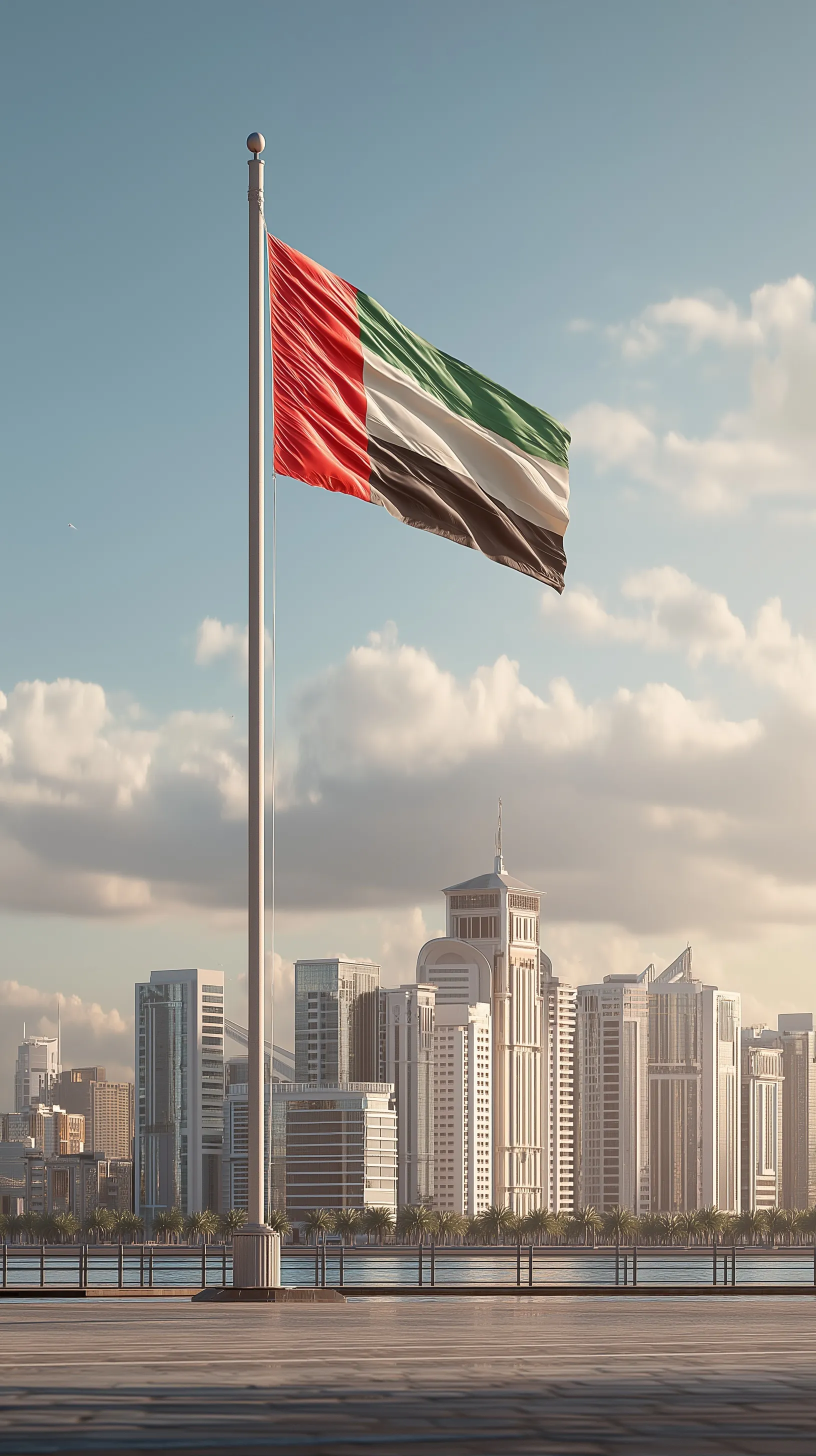 Realistic 3D UAE flag waving over the Sharjah city skyline under a clear blue sky for mobile wallpaper.