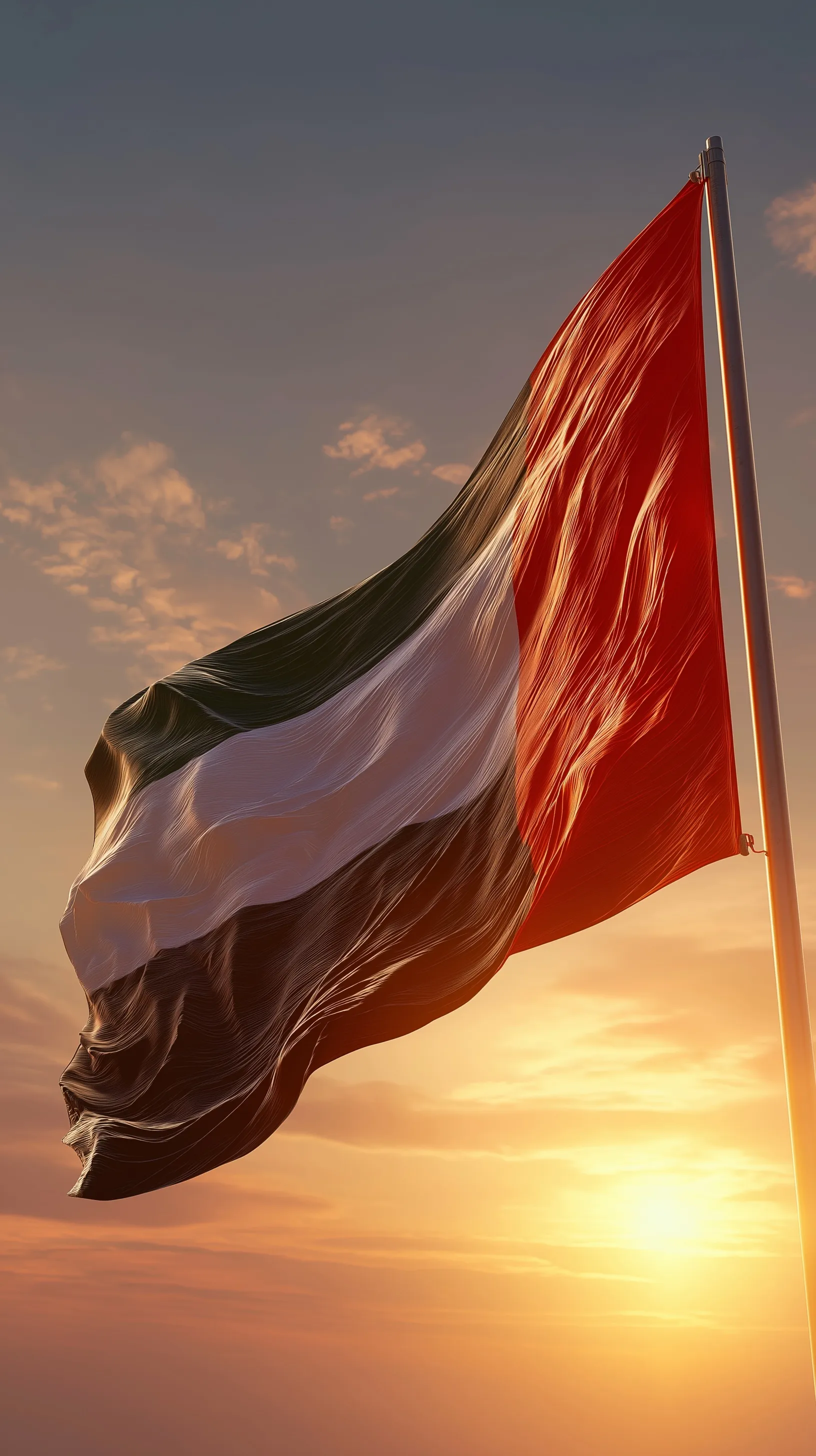 UAE flag waving against bright sun rays, high-quality photorealistic Dubai mobile wallpaper background.