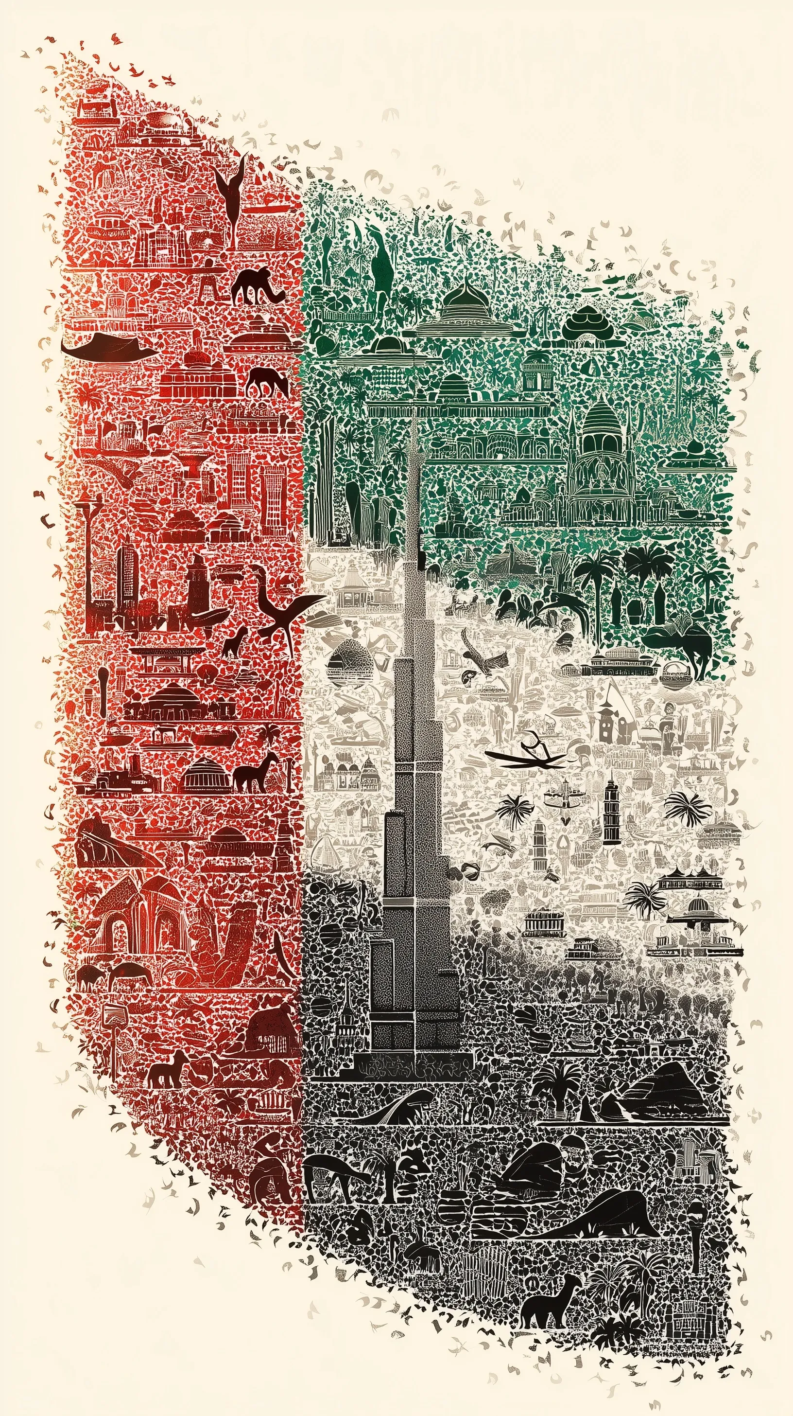 Vertical UAE flag mobile wallpaper made of puzzle pieces shaped like Burj Khalifa, falcons, and desert landmarks.