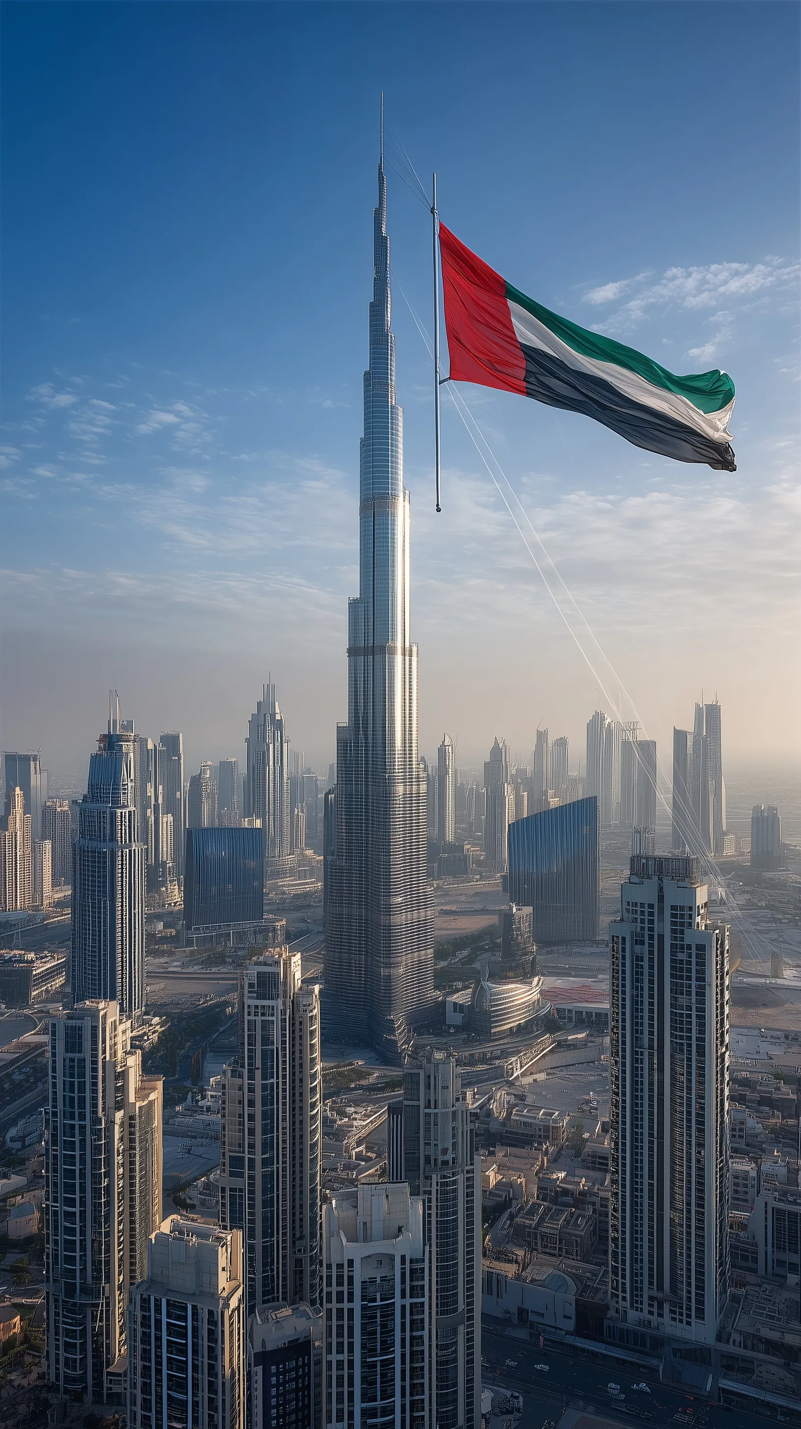 Burj Khalifa towering over the Dubai skyline with an enormous UAE flag flying from an airship in a clear blue sky.