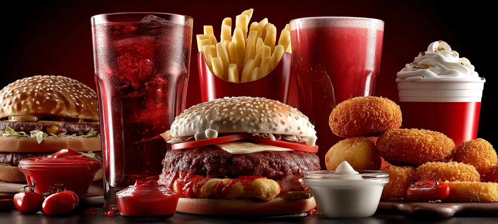 Red advertising poster promoting a fast food meal combo with burger, fries, and drink.