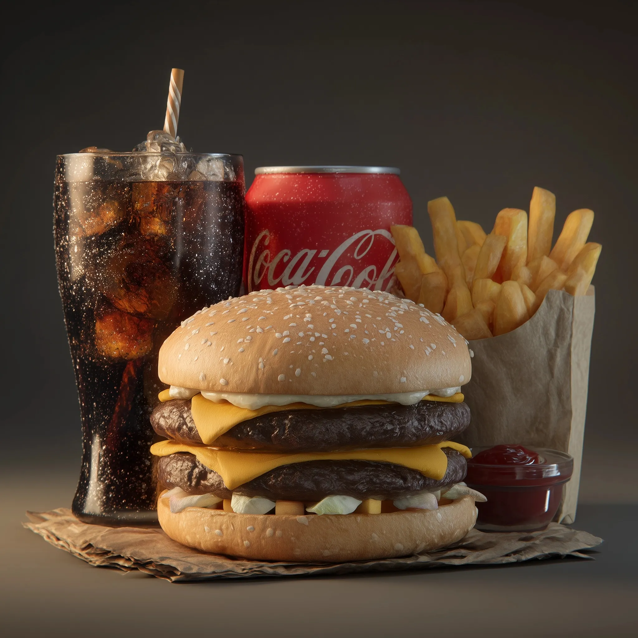 A classic fast food combo meal featuring a cheeseburger, golden french fries, and a refreshing soda on a tray.