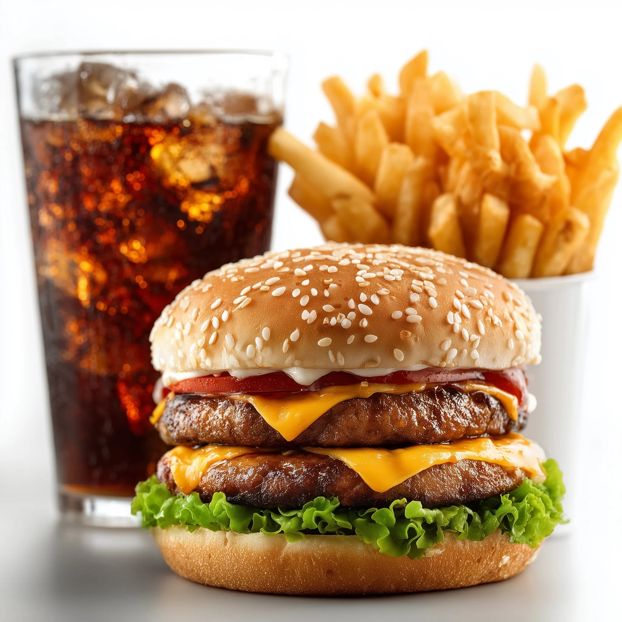 A classic fast food combo meal featuring a juicy hamburger, crispy french fries, and a soda on a white background.