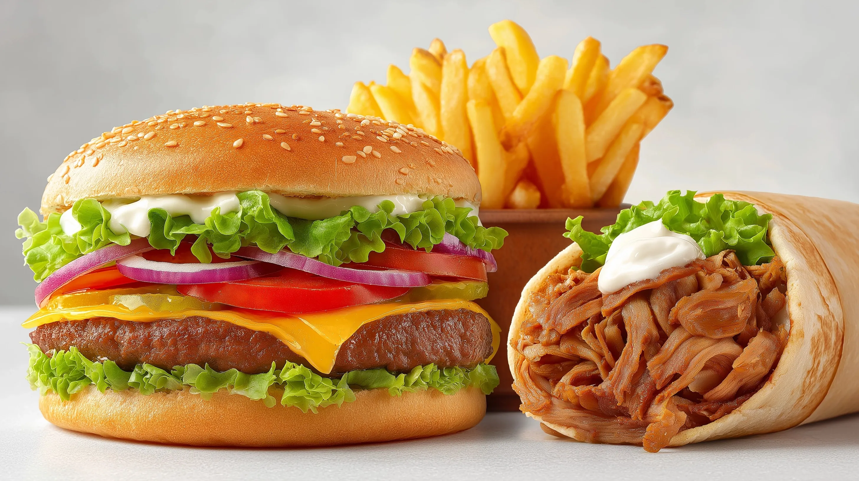 A delicious fast food combo featuring a large burger, crispy French fries, and a juicy doner on a white background.