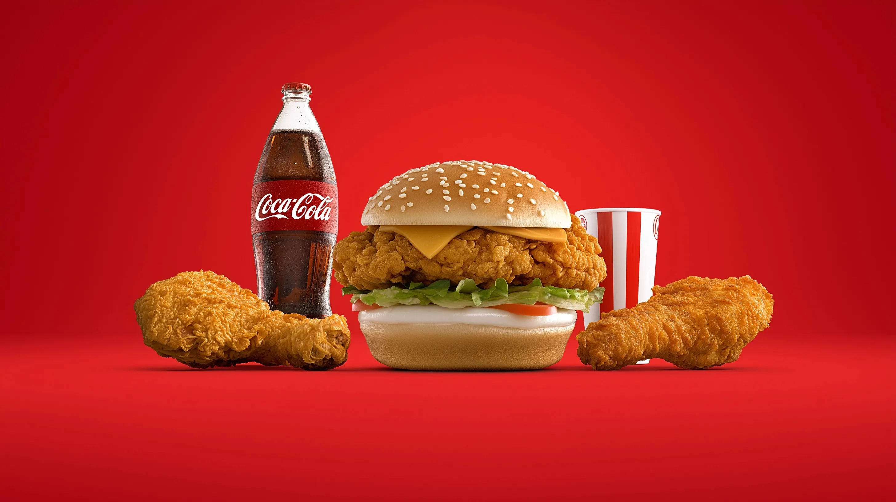 A fast food combo featuring a burger, fried chicken, and cola drink arranged symmetrically against a red background.