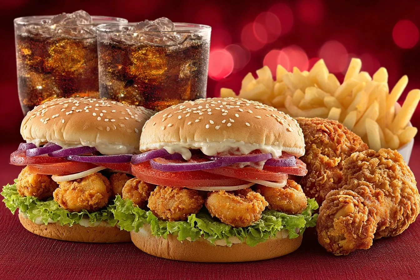 Lotteria fast food combo with shrimp burgers, fried chicken, fries, and Pepsi drinks on a bright red background.