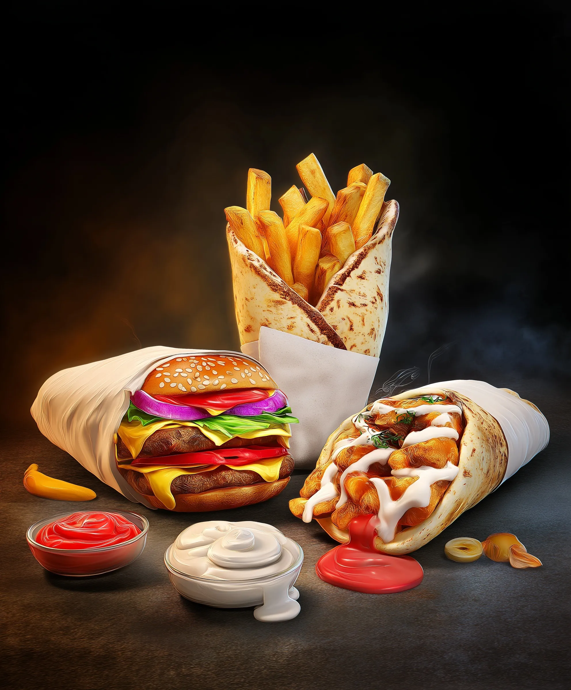 Hyper-realistic fast food combo featuring a burger, burrito, Greek souvlaki, and fries with dipping sauce.