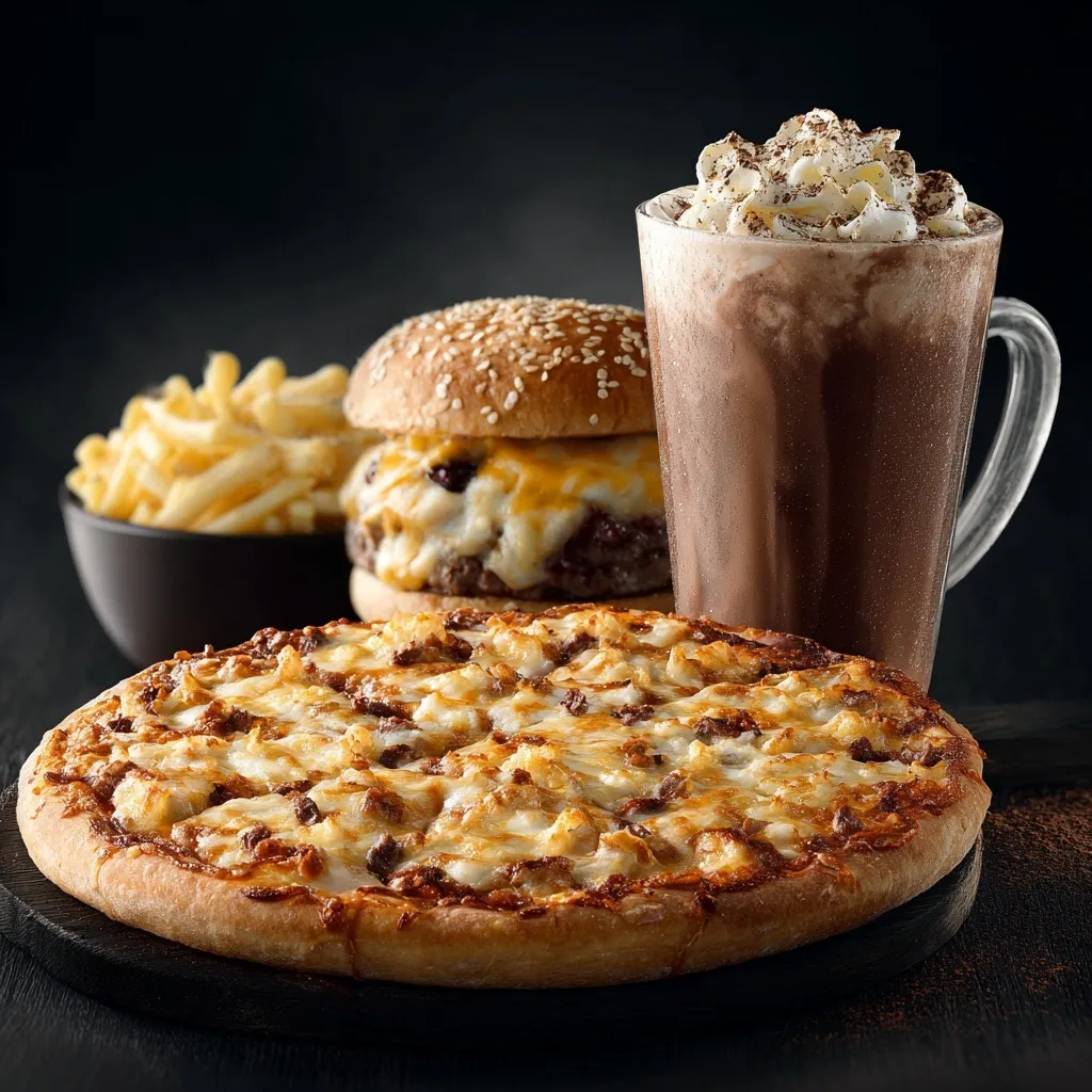 Top-down view of a fast food combo with pizza, burger, noodles, milkshake, cold coffee, and chocolate ice cream.