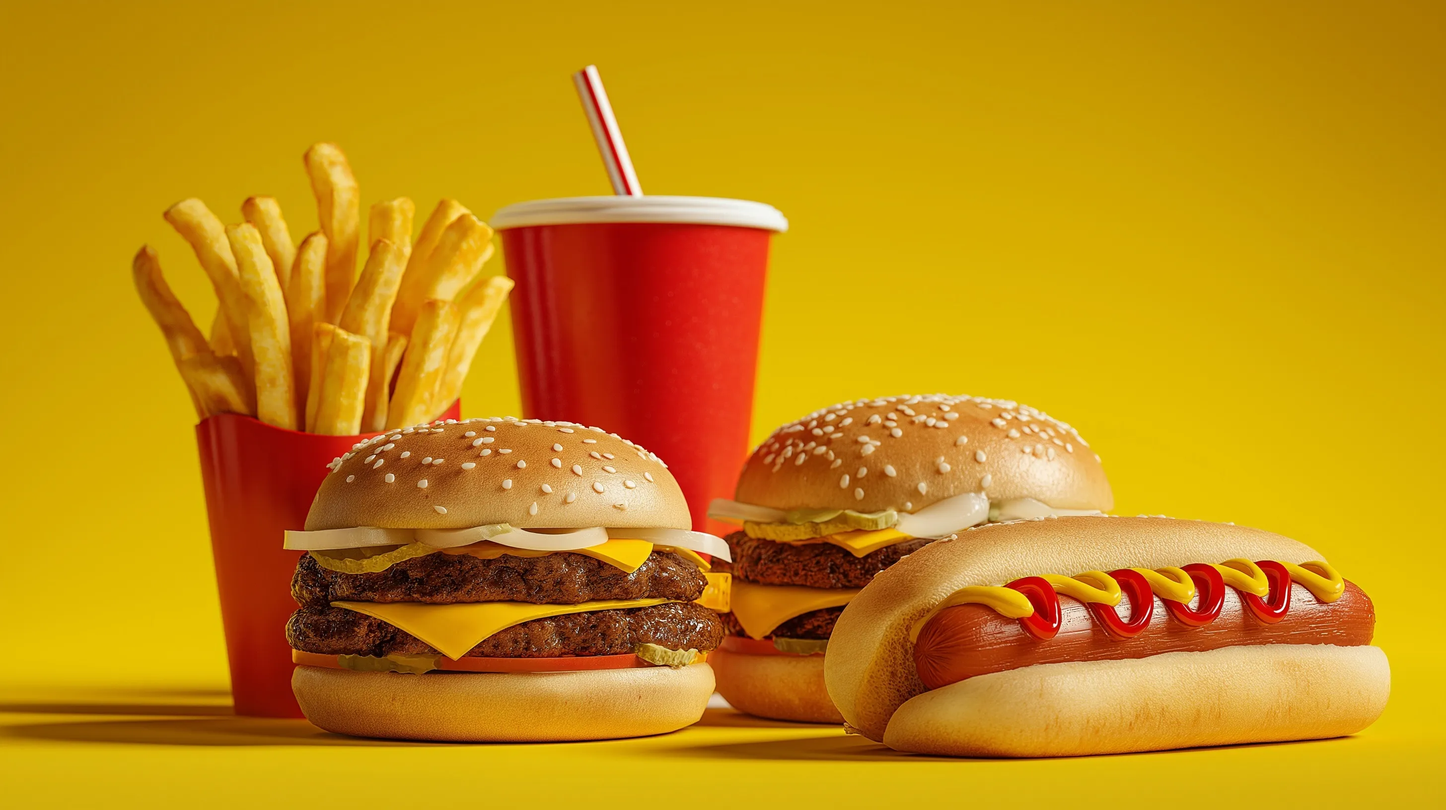 Fast food combo with double meat burgers, hot dogs, fries, and orange soda on a vibrant yellow studio background.