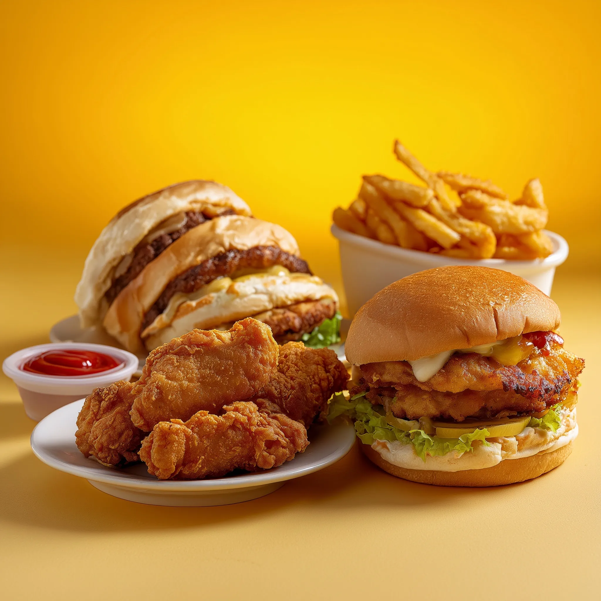 A delicious fast food combo feast including hamburgers, fried chicken tenders, wings, fries, and dips on a table.