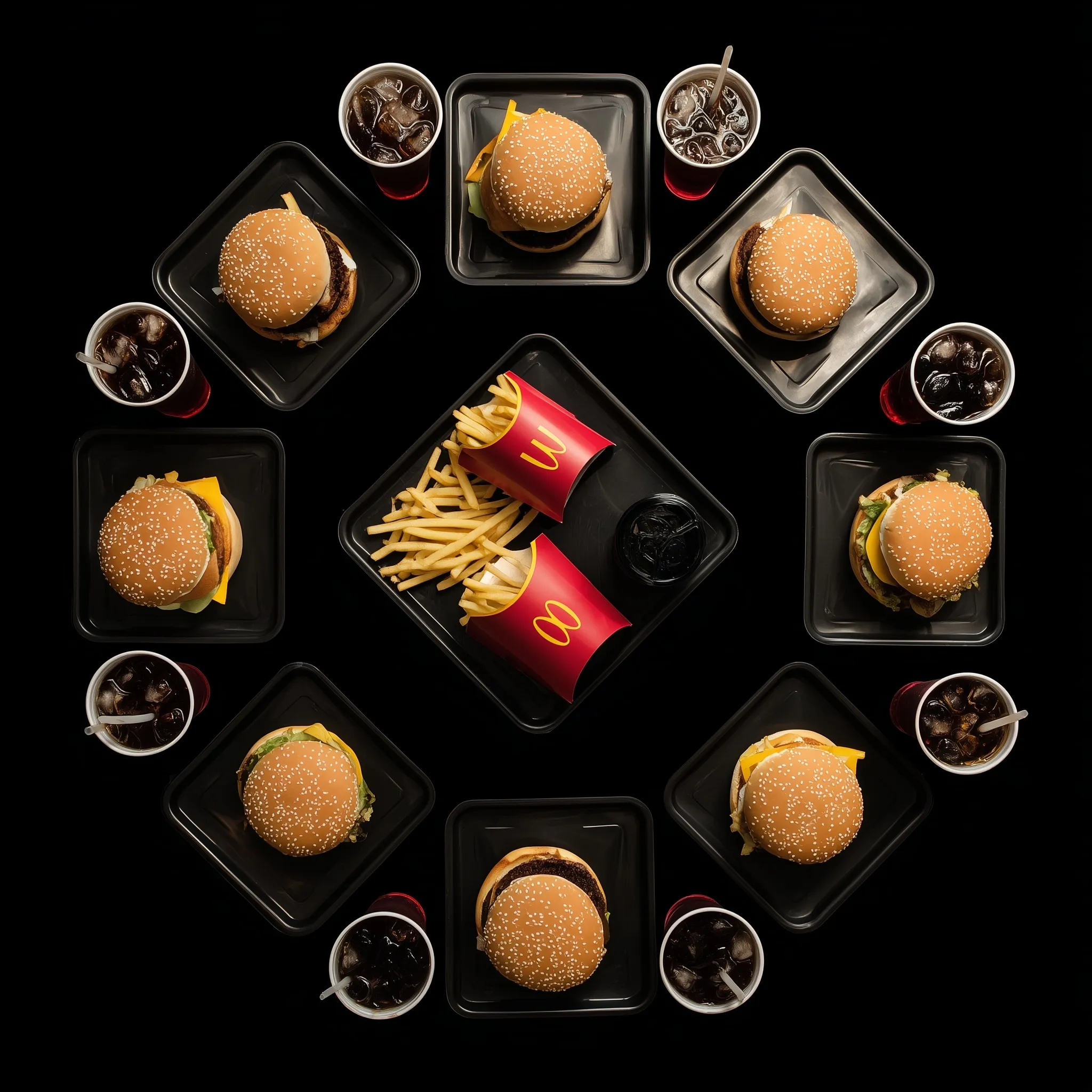 Top view of fast food combo meal with burgers on black plates and cups of soda on a table.