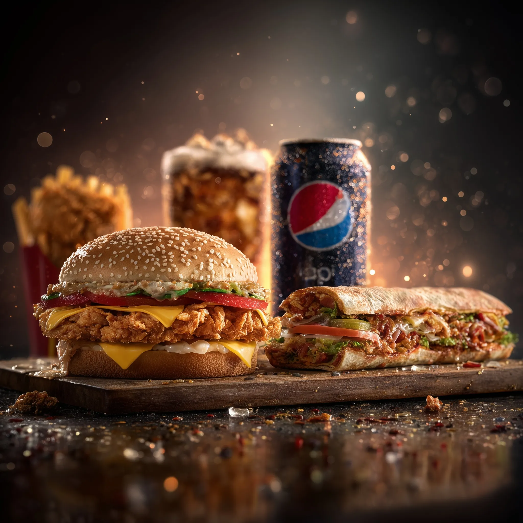 A cinematic studio shot of a fast food combo featuring a burger, pizza, fried chicken, soda, and sandwich on a table.