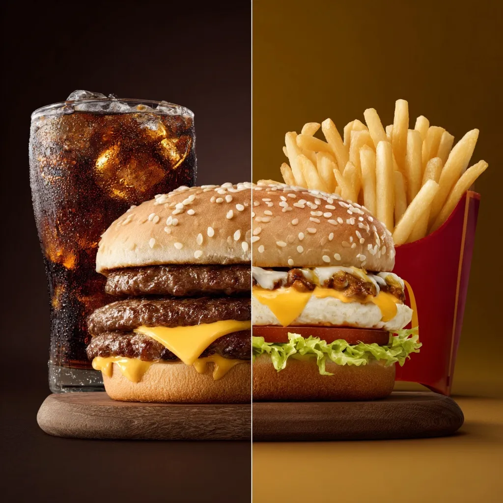Comparison of a high-calorie fast food meal with a soda and fries versus a low-calorie cheeseburger and diet soda.