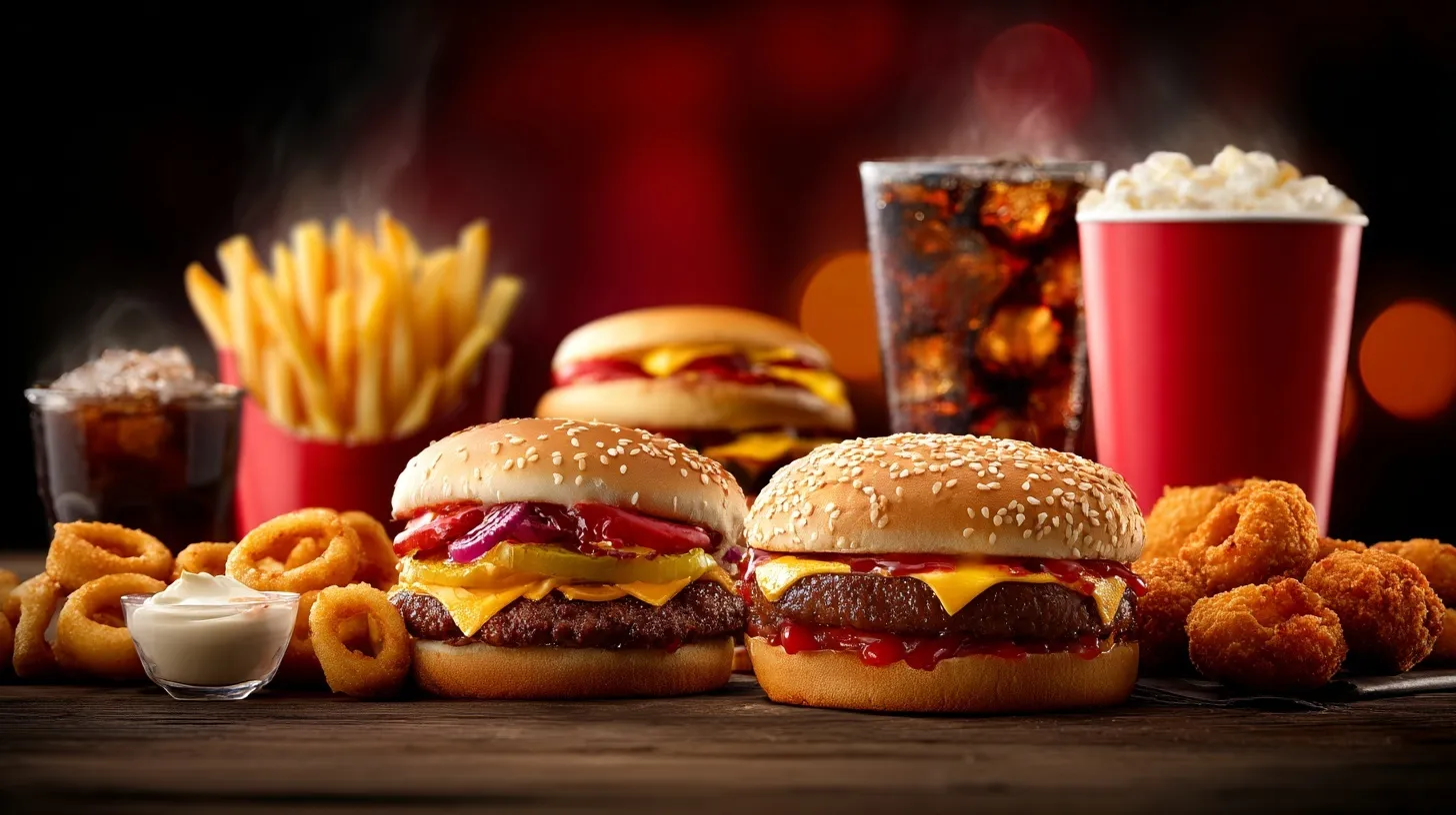 Professional studio photography of a fast food combo meal set including a burger, fries, and soda.