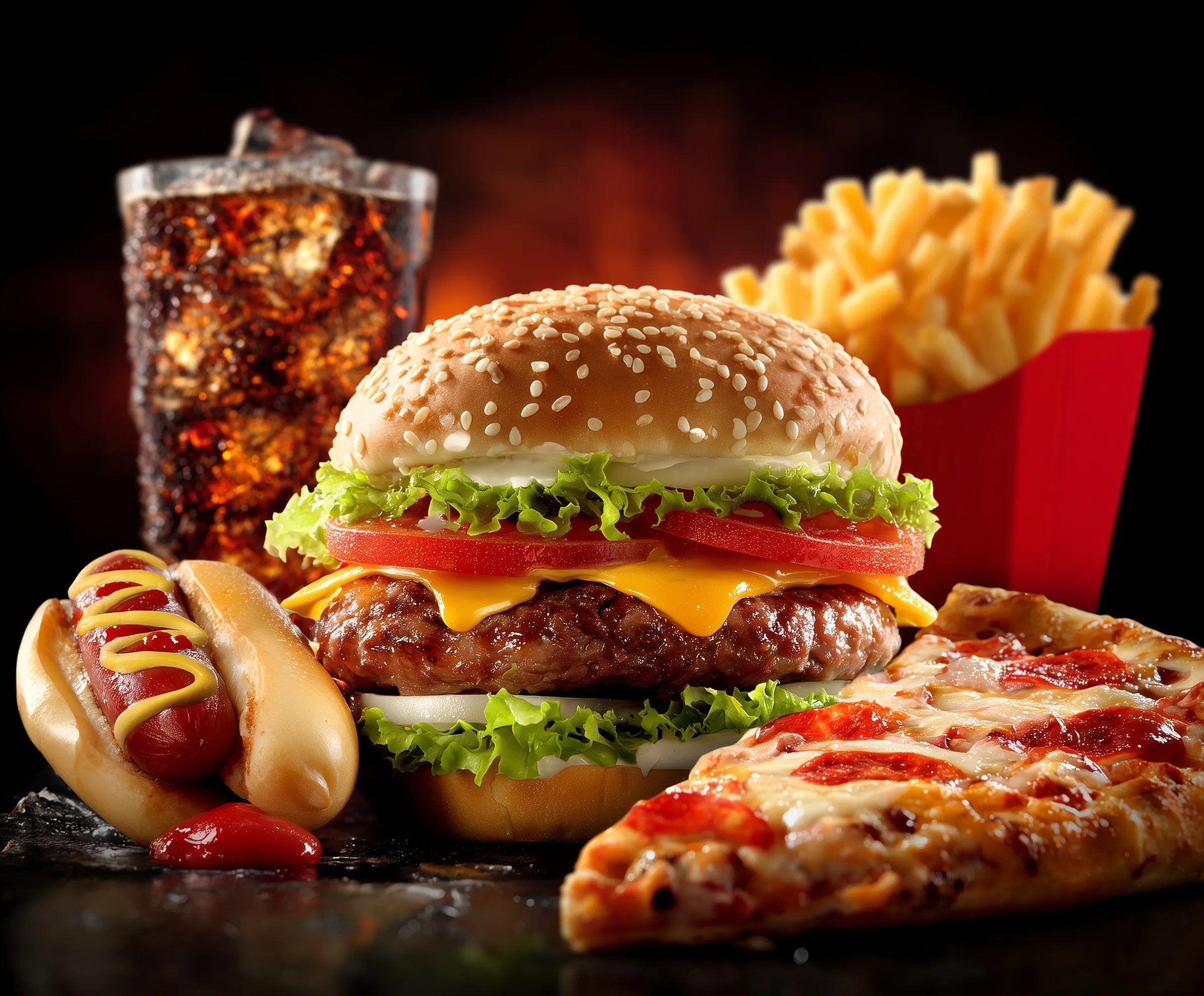 A delicious fast food combo meal with a cheeseburger, hot dog, pepperoni pizza, french fries, and a cold drink.