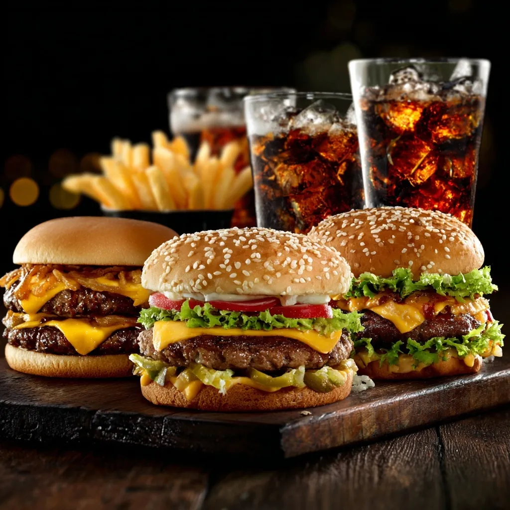 A healthy fast food family meal featuring four burgers, four portions of fries, and four soft drinks on a table.