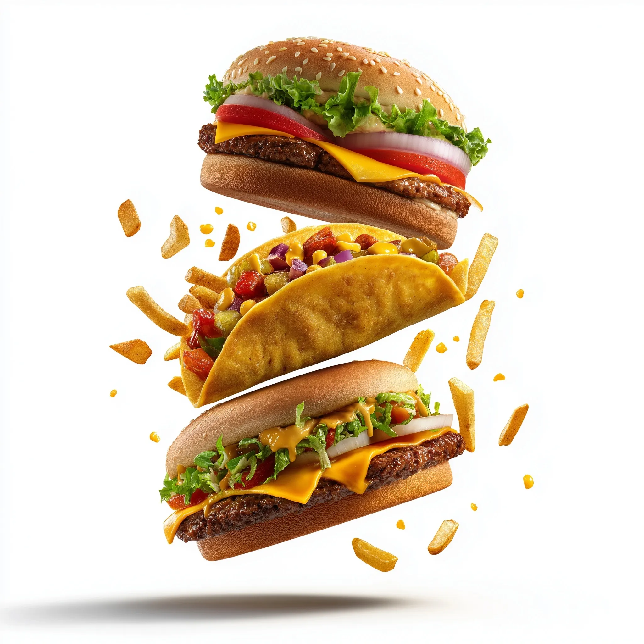A cinematic, photorealistic shot of burgers, fries, and tacos floating against a clean white background.