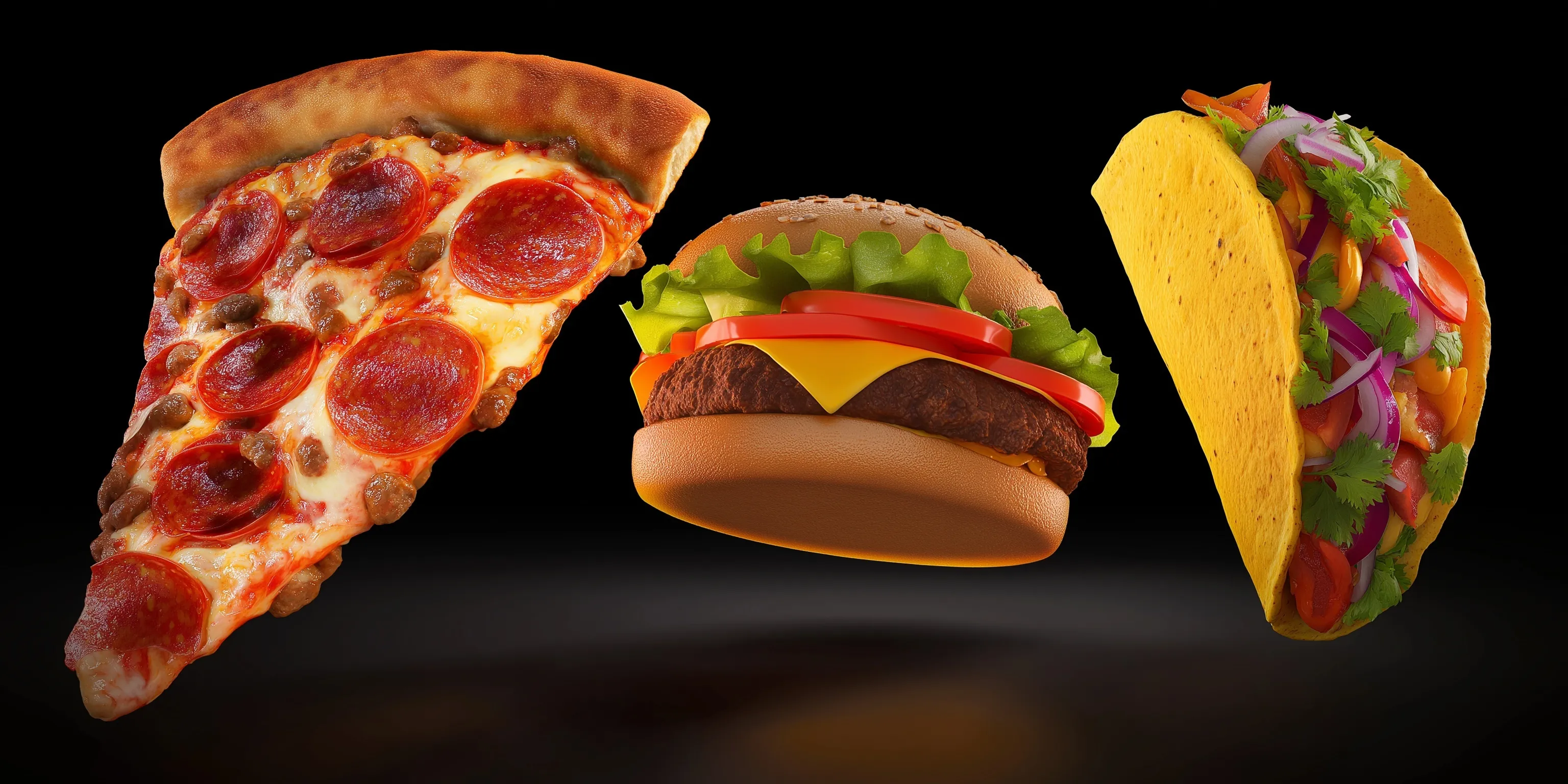 Floating fast food combo with a pepperoni pizza slice, juicy cheeseburger, and an authentic street taco.