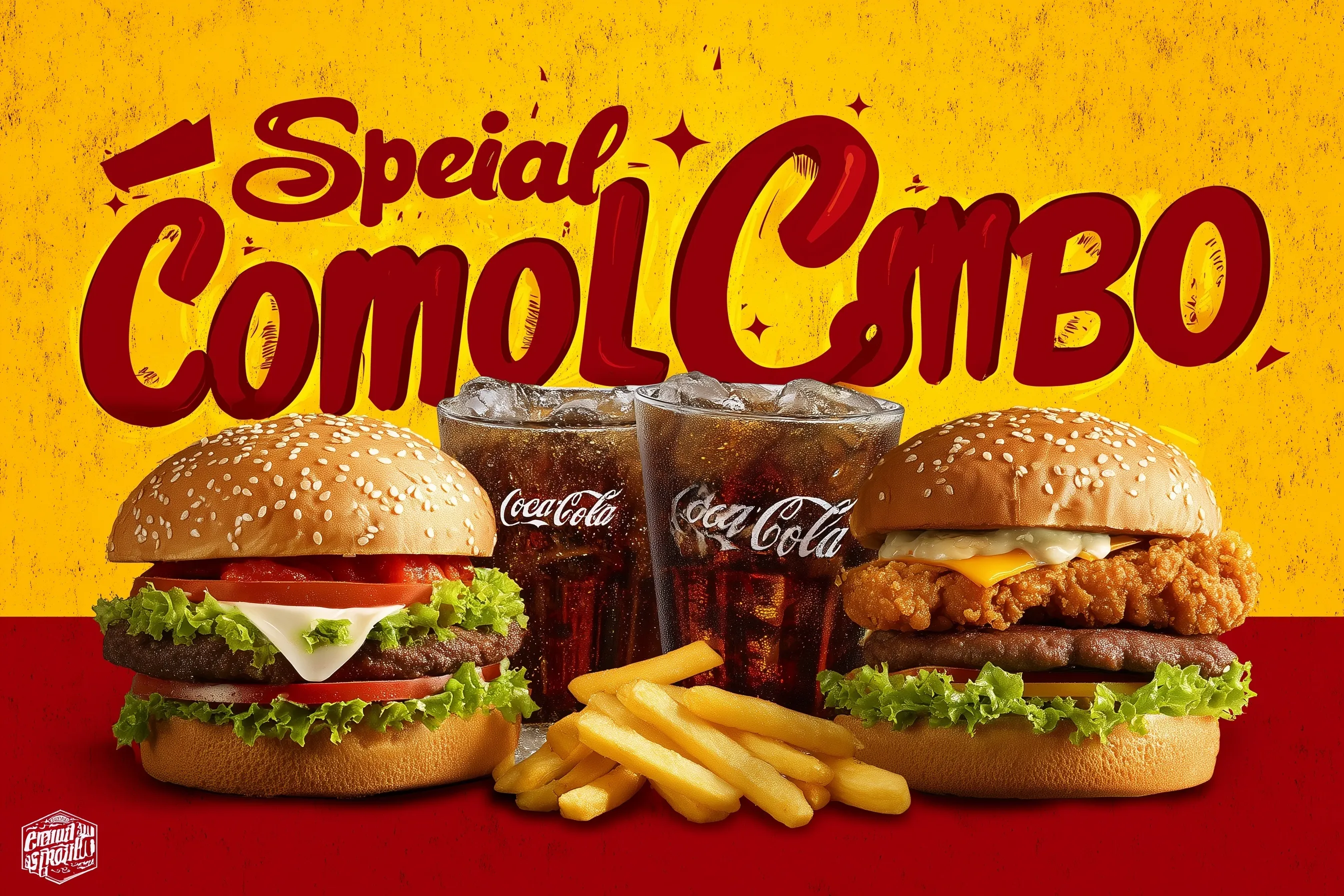 A fast food combo meal with burger, fries, and soda against a vibrant red and yellow gradient background.