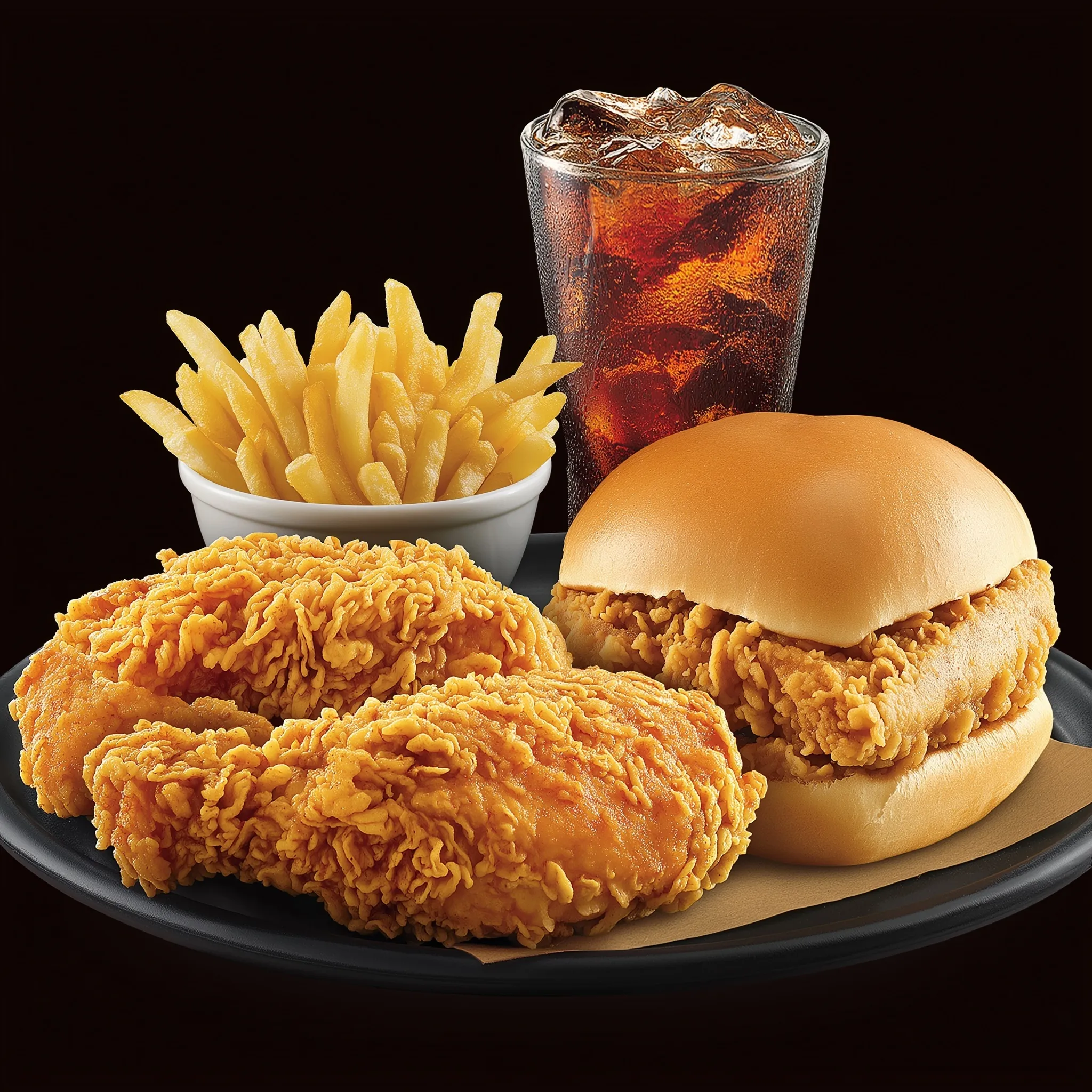 Crispy fried chicken combo meal with golden French fries, a soft dinner roll, and a refreshing soda drink.