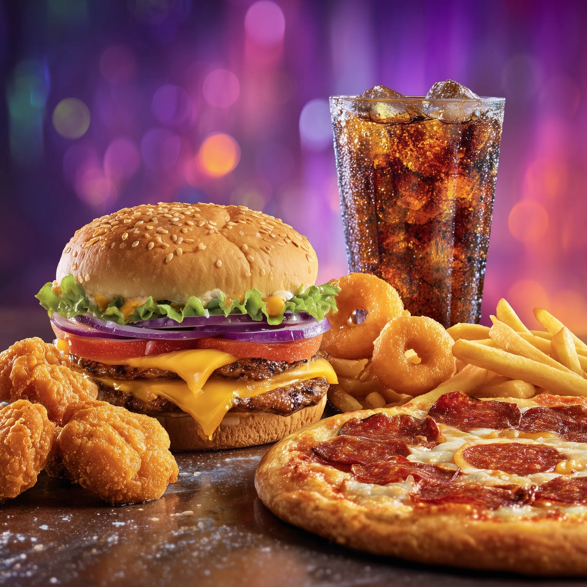 A delicious fast food combo with a juicy cheeseburger, golden fries, crispy nuggets, pizza, onion rings, and cola.