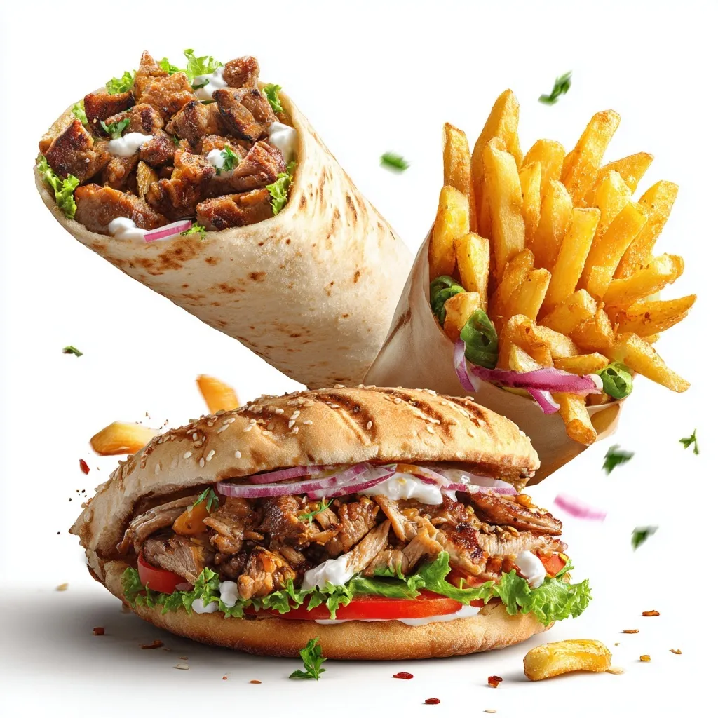 A delicious shawarma wrap and cheeseburger with flying french fries isolated on a white background.