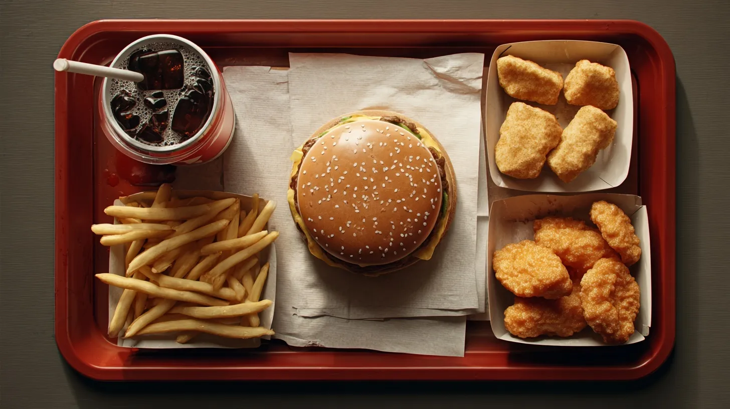 Overhead view of a fast food meal tray with a burger, fries, chicken nuggets, and a soda on a white background.