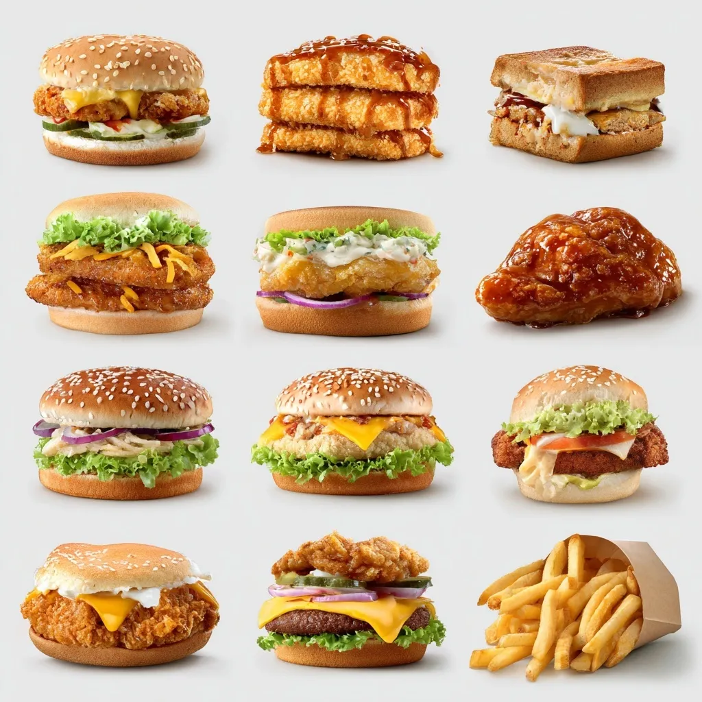 A collection of 20 assorted fast food items including burgers and fries isolated on a white background.