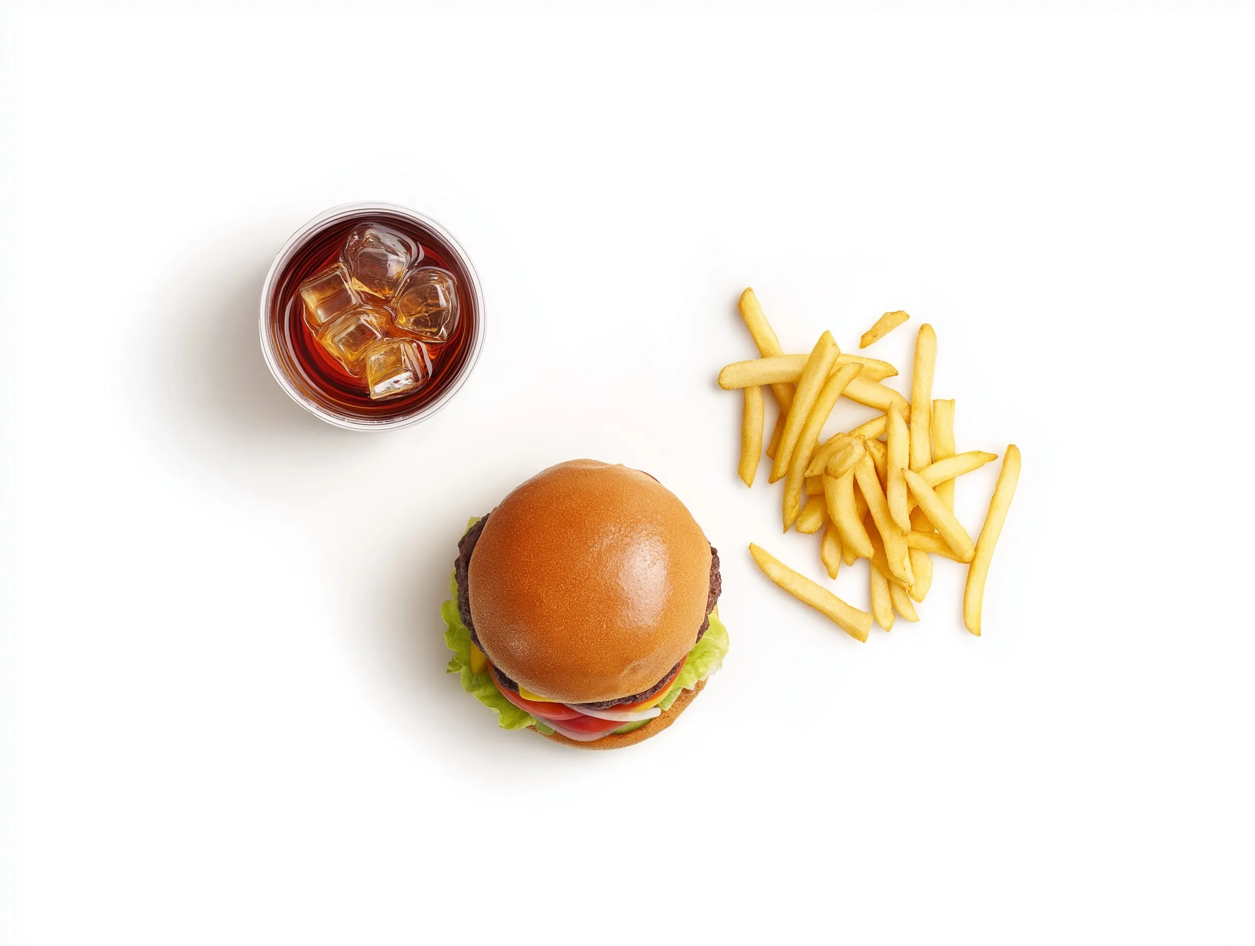 A top-view smash burger combo with golden crispy fries and an iced drink isolated on a clean white background.