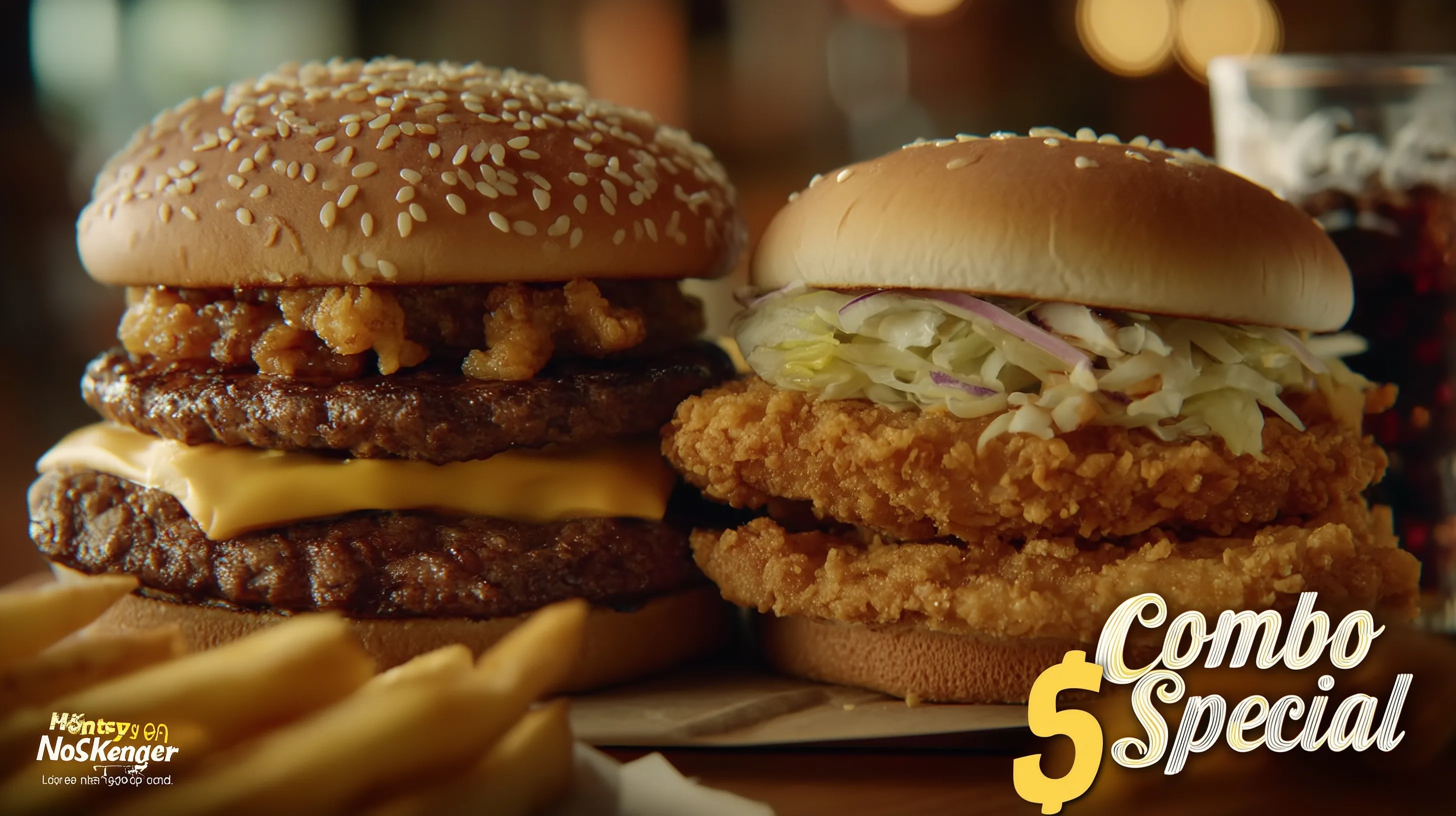 A humorous low-budget fast food combo meal advertisement featuring a $5 special price tag hovering over the food.