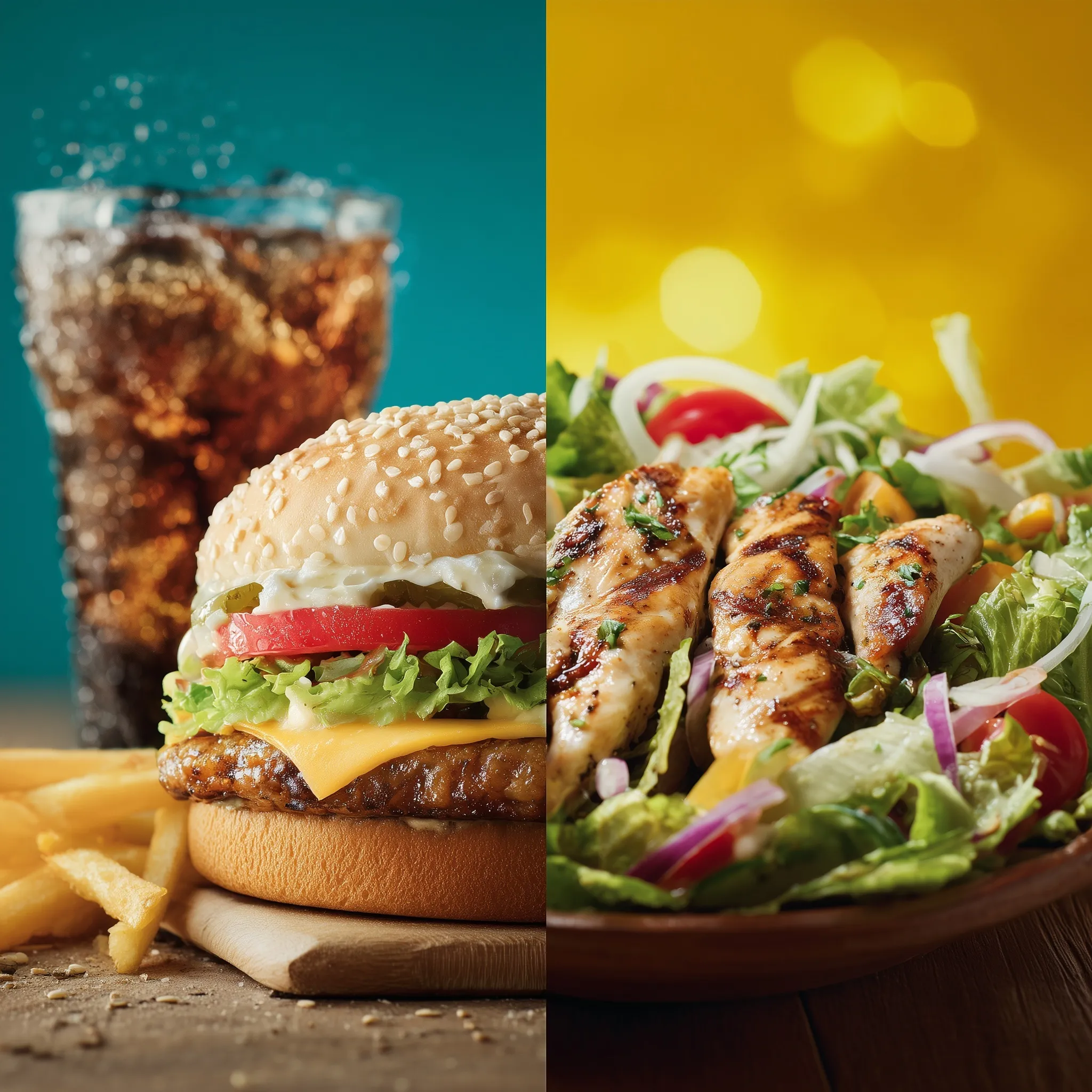 Split screen comparison showing unhealthy fast food burger and fries versus a fresh healthy grilled chicken salad.