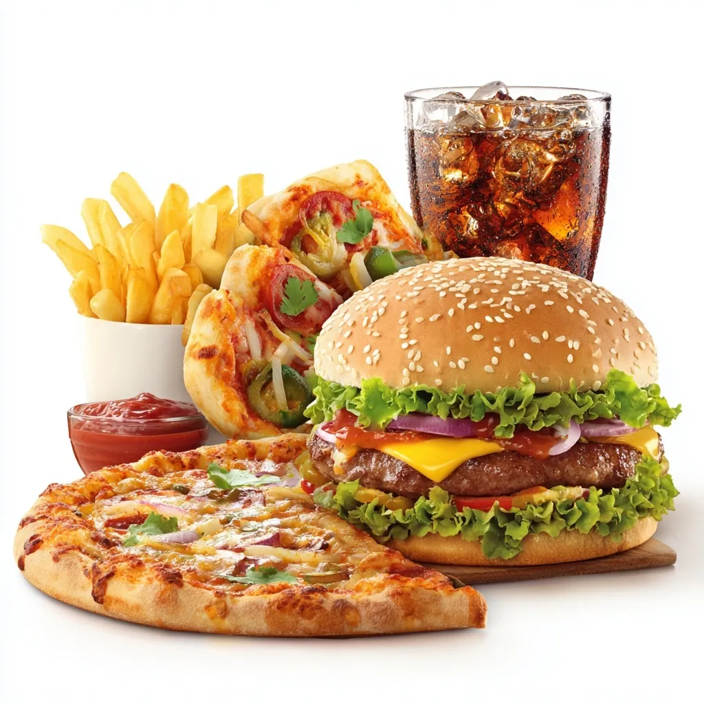 A fast food combo featuring a burger, pizza slices, french fries, and a soft drink isolated on a white background.