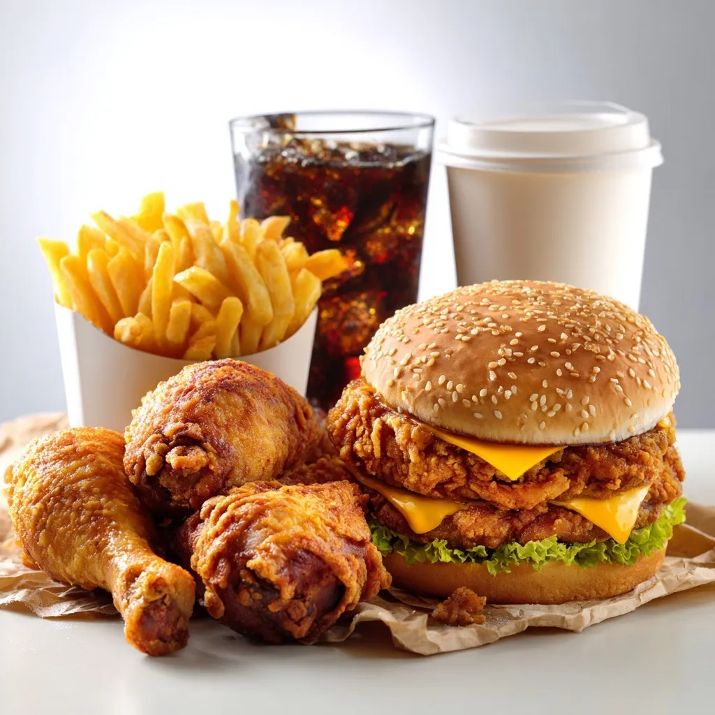 A fast food combo featuring fried chicken, a hamburger, french fries, soda, and coffee on a bright white table.