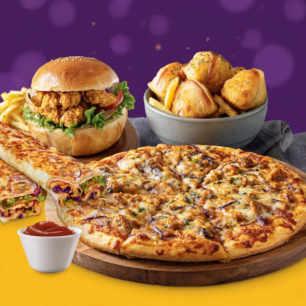 Collage poster of pizza, chicken burgers, momos, and french fries on a yellow and purple background for menu design.