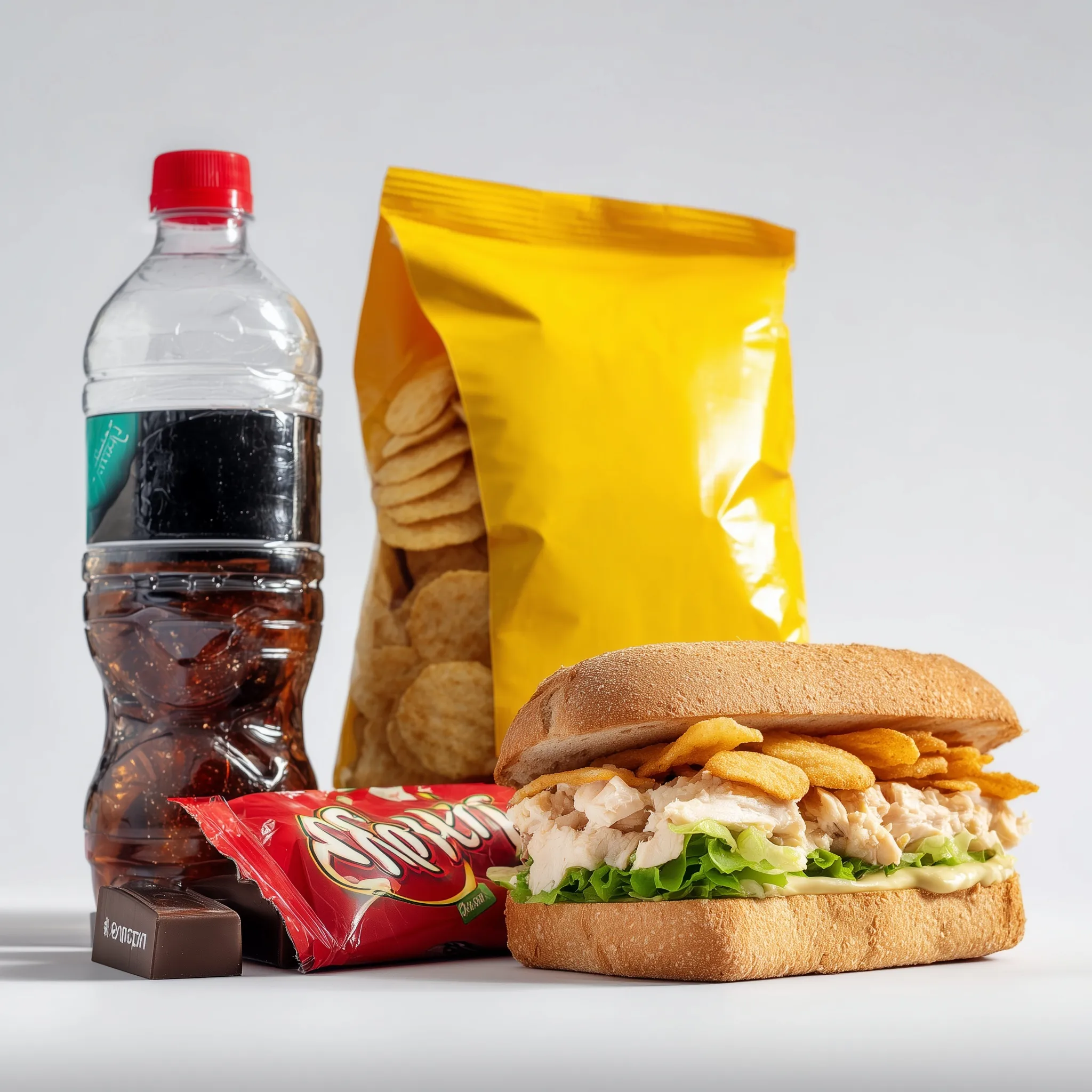 A UK supermarket meal deal featuring a chicken salad sandwich, crisps, chocolate bar, and drink on white background.