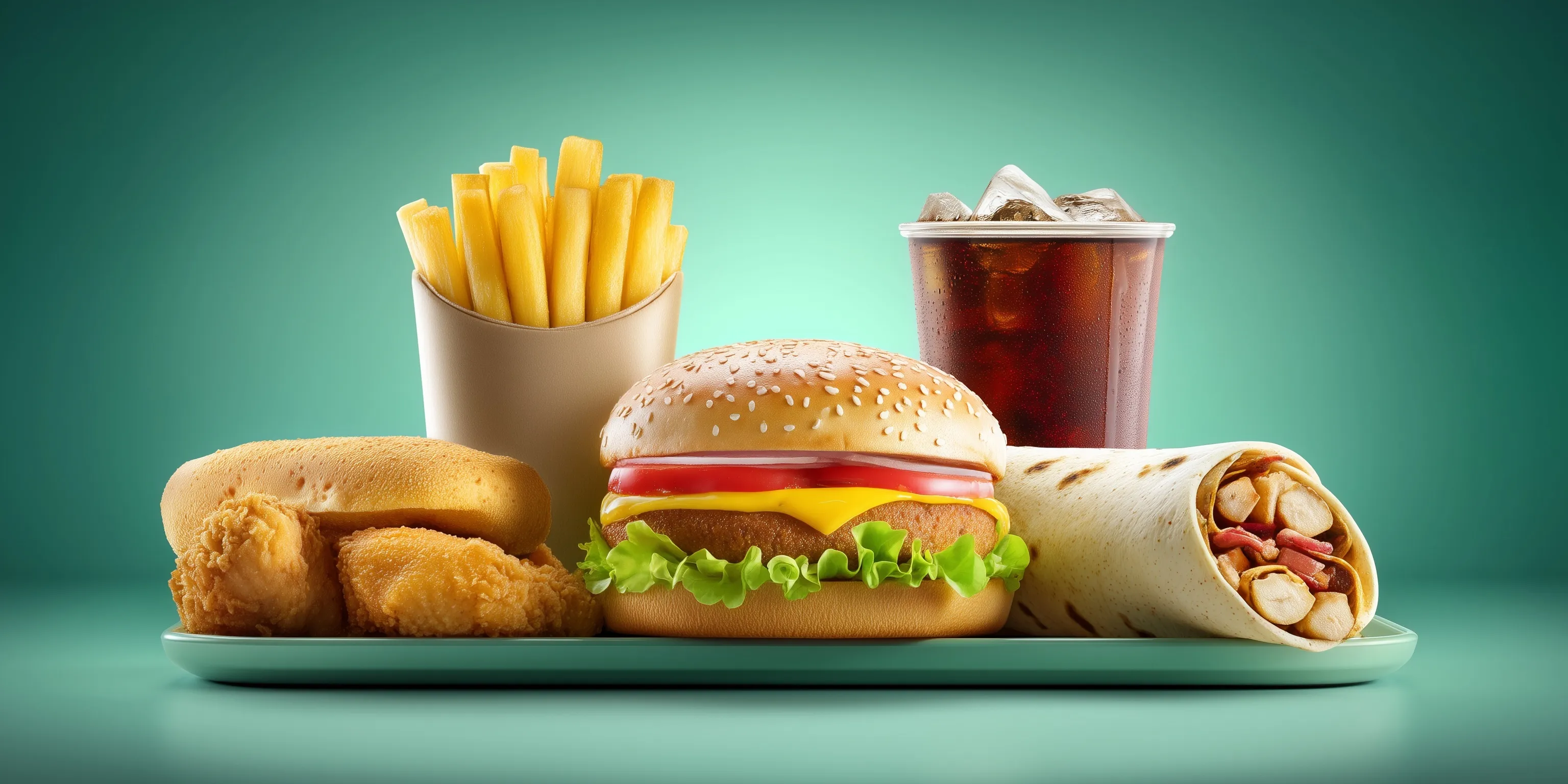 A premium fast food combo with a cheeseburger, fries, fried chicken, shawarma, and cola on a teal background.