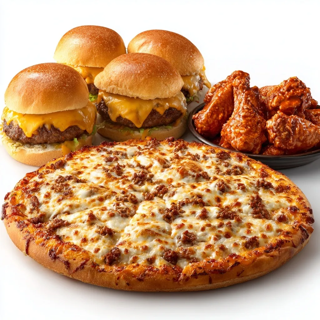 Fast food combo of cheese pizza, cheeseburger sliders, and buffalo wings isolated on a white background.