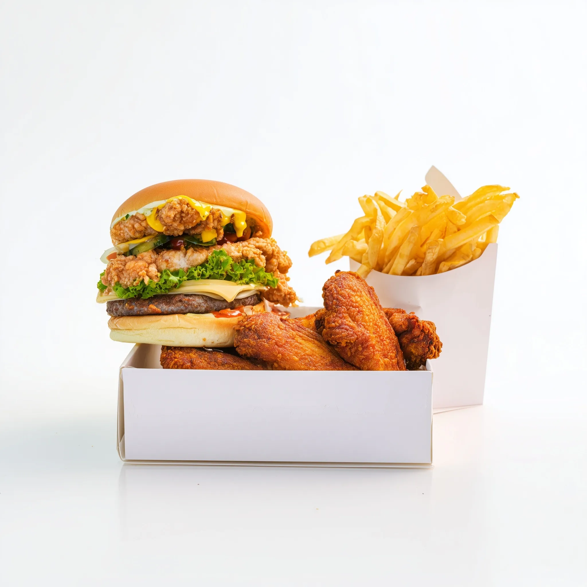 Fast food combo box featuring a strip burger, fried chicken piece, two wings, and fries on a white background.