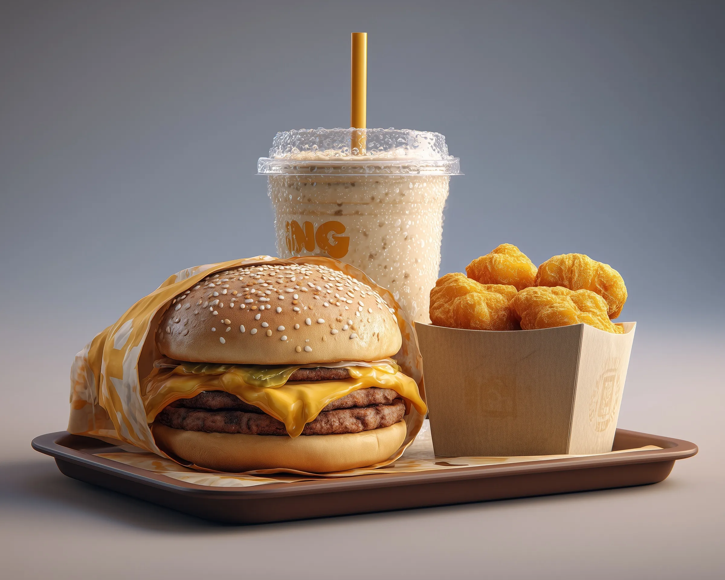 A fast food tray with a juicy cheeseburger, crispy chicken nuggets, and a cold milkshake on a clean studio background.