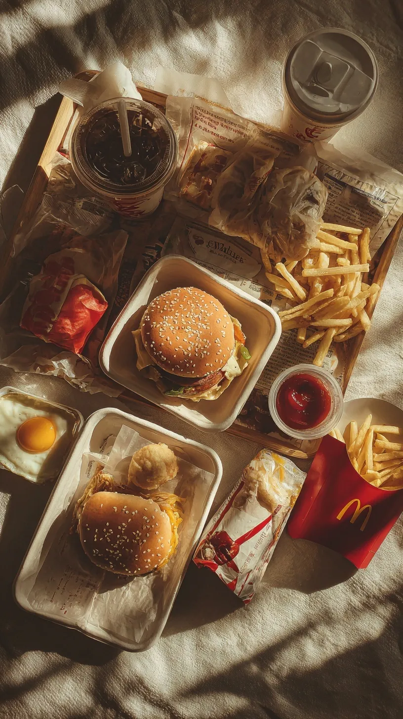 Top-down shot of a McDonald’s breakfast takeaway meal on a table with vintage lighting and realistic textures.