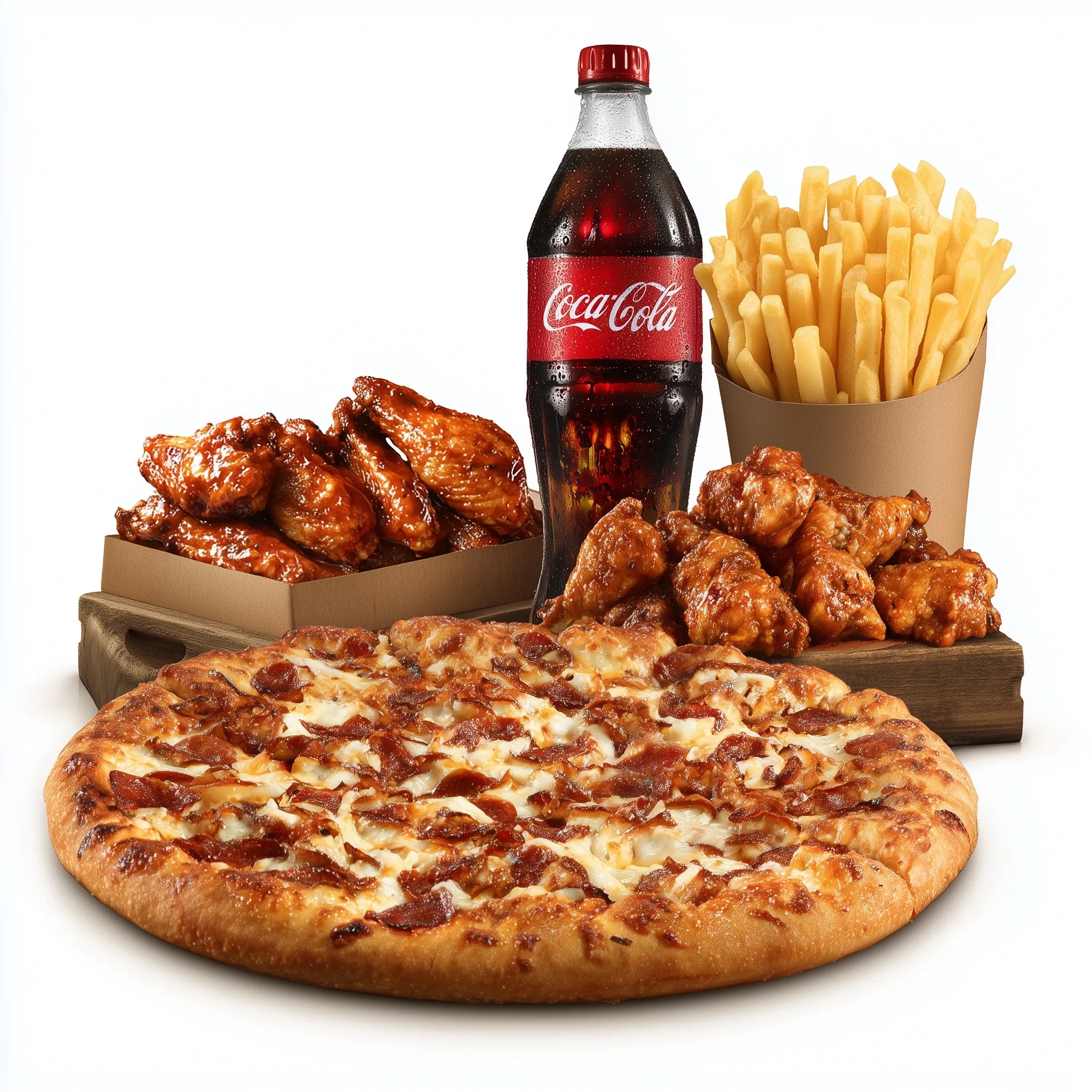 A 12-inch pizza, 10 spicy wings, two portions of fries, and two Coca-Cola sodas on a pure white background.