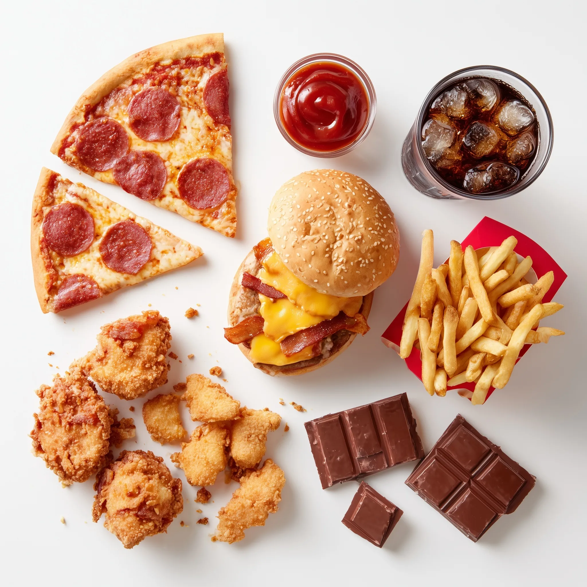 Flat lay of fast food combo with pizza, cheeseburger, fries, nuggets, and cola isolated on a white studio background.