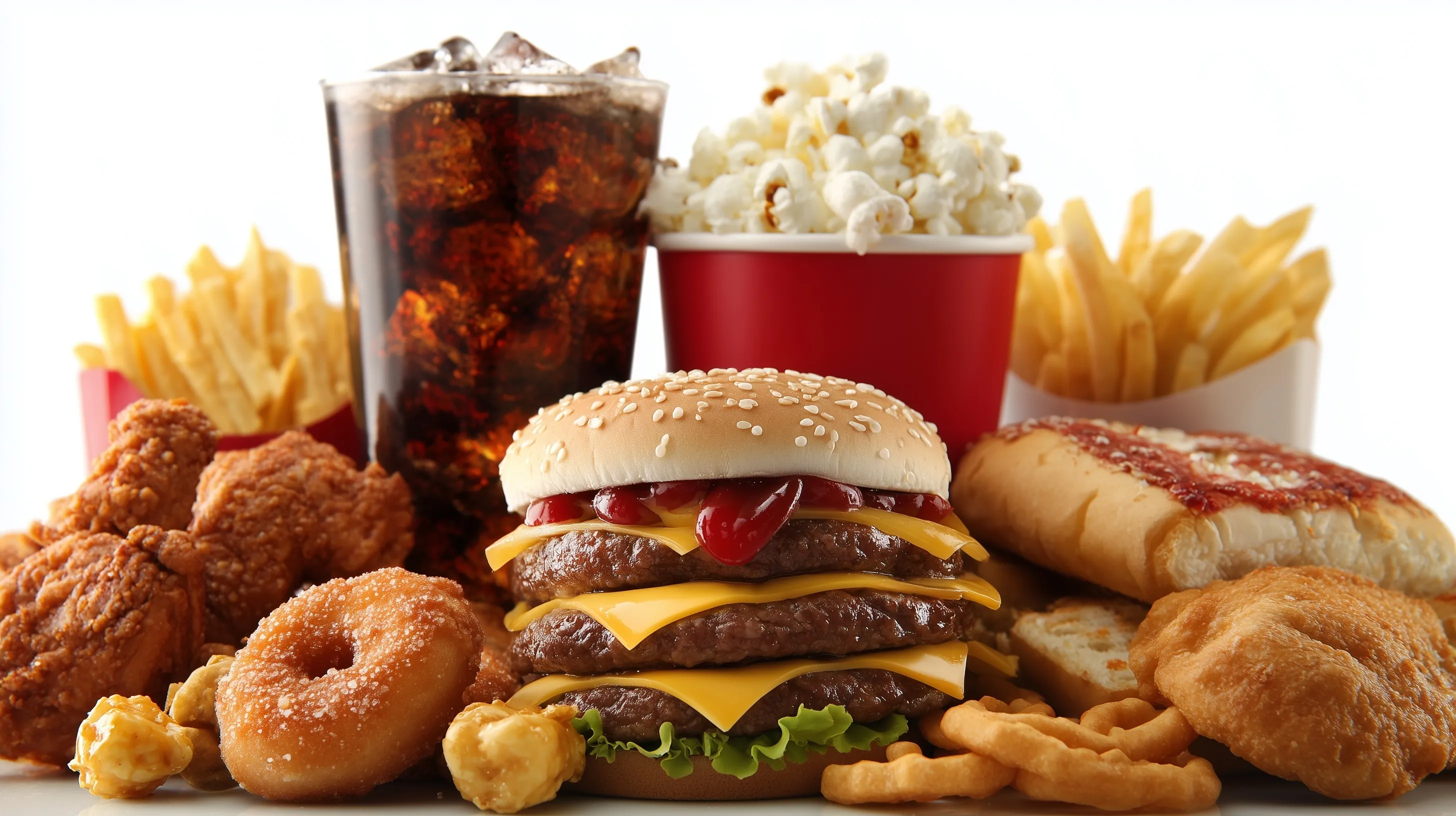 A pile of fast food, snacks, and a red drink cup isolated on a white background, professional stock photography.