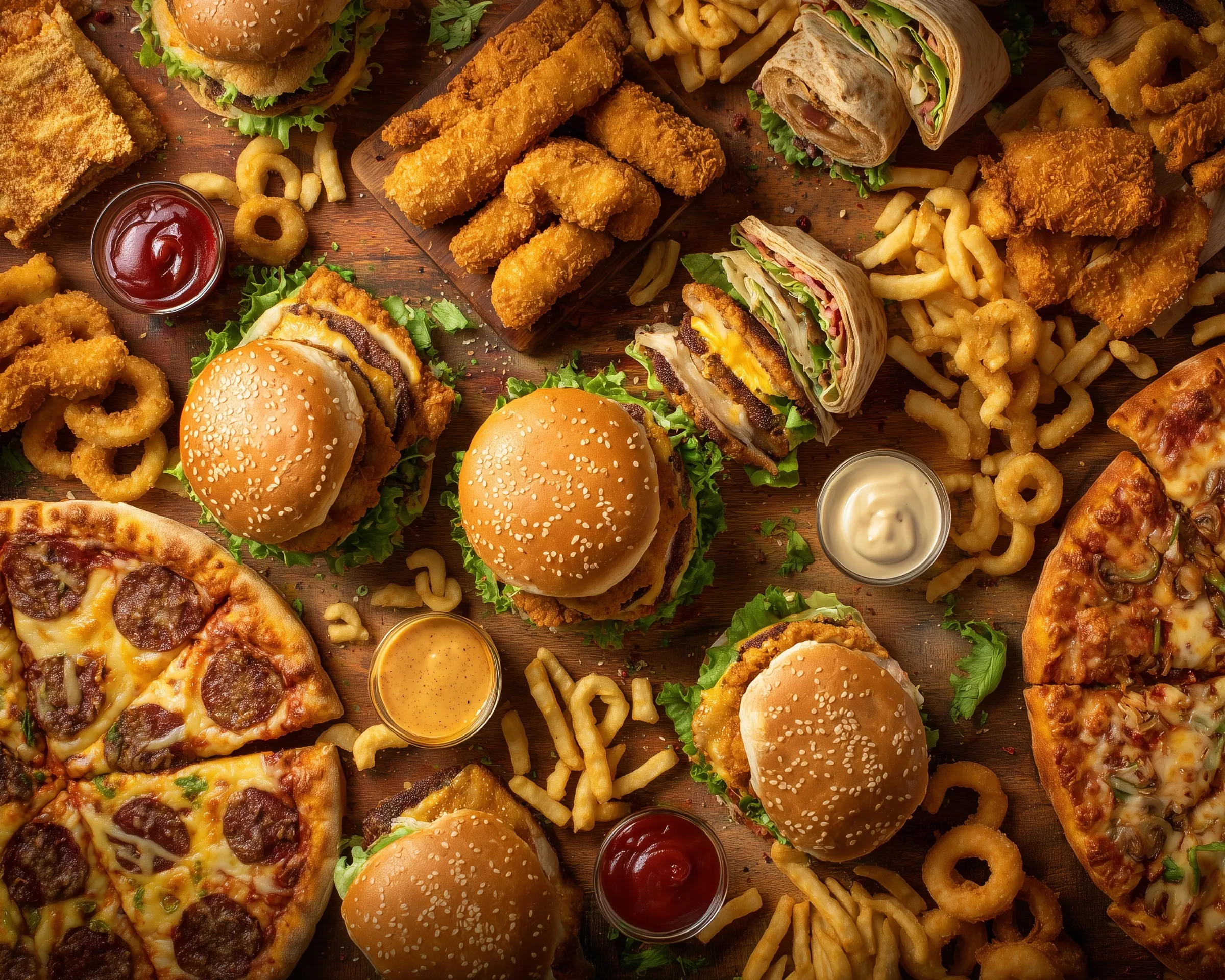 Top-view hero banner of a fast food feast with burgers, pizza, fried chicken, and dipping sauces on wooden table.