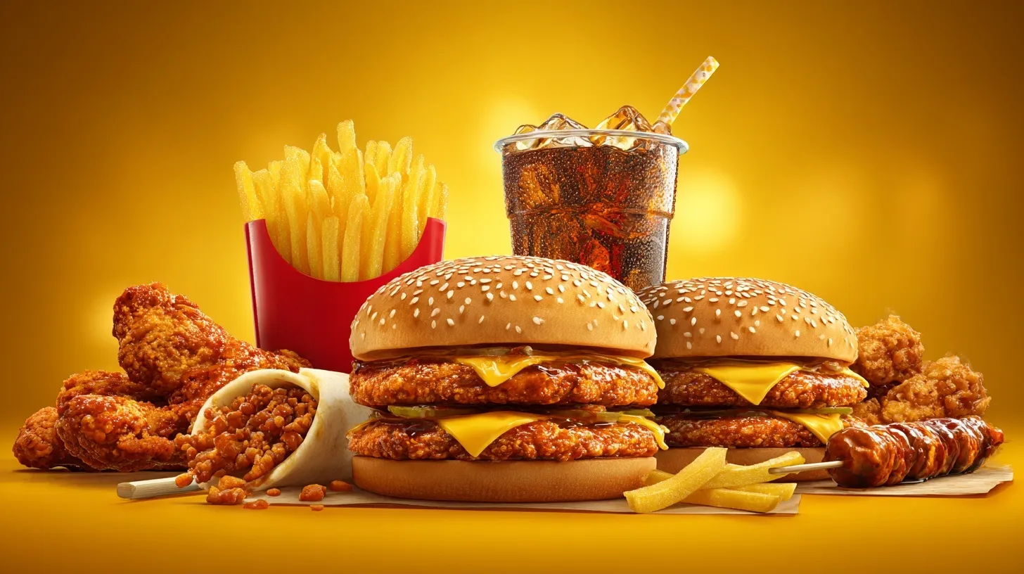 A vibrant fast food combo meal with spicy chicken burgers, fries, drinks, and skewers on a bright yellow background.