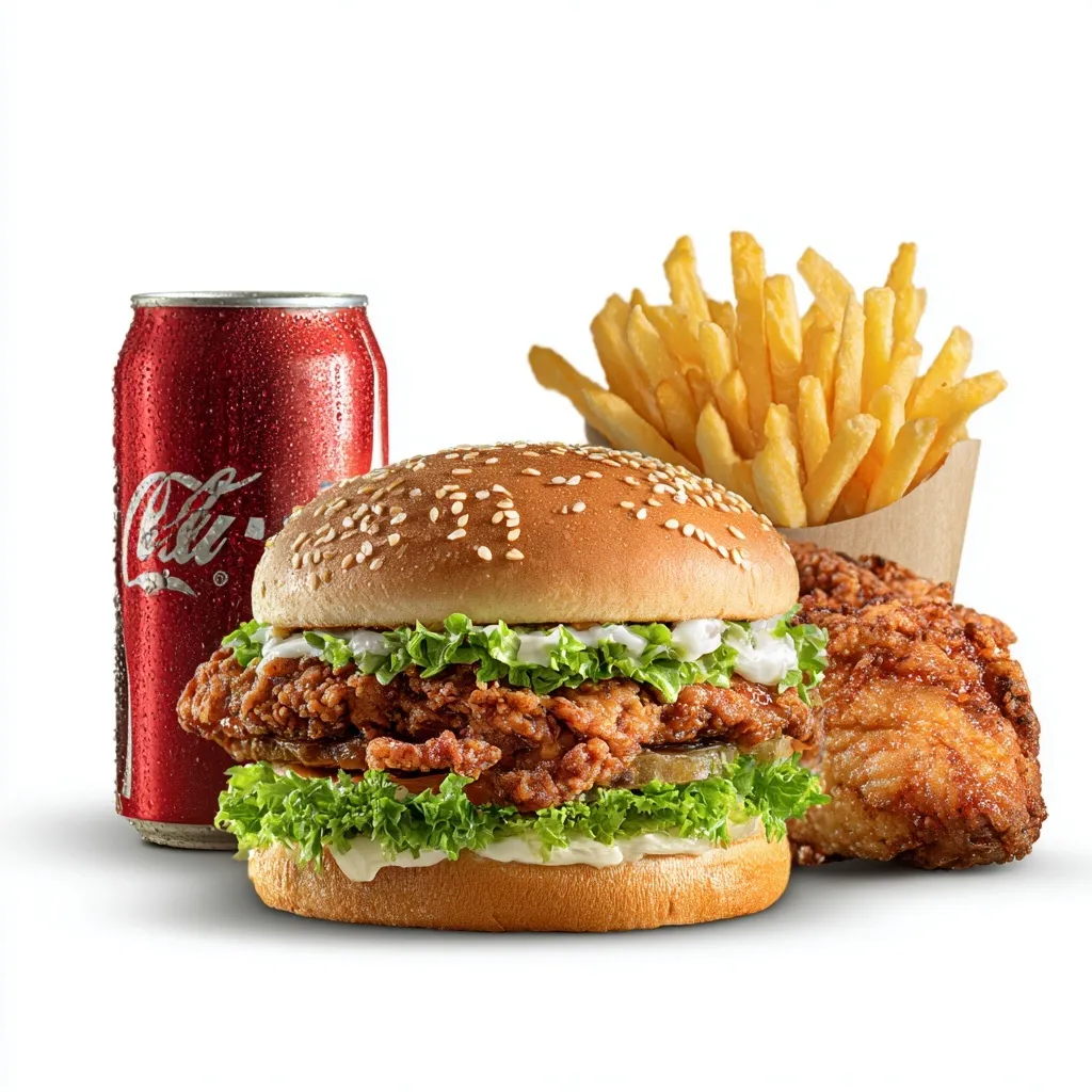 A fast food combo meal with a fillet chicken burger, fried chicken piece, fries, and a Coca-Cola can on white.