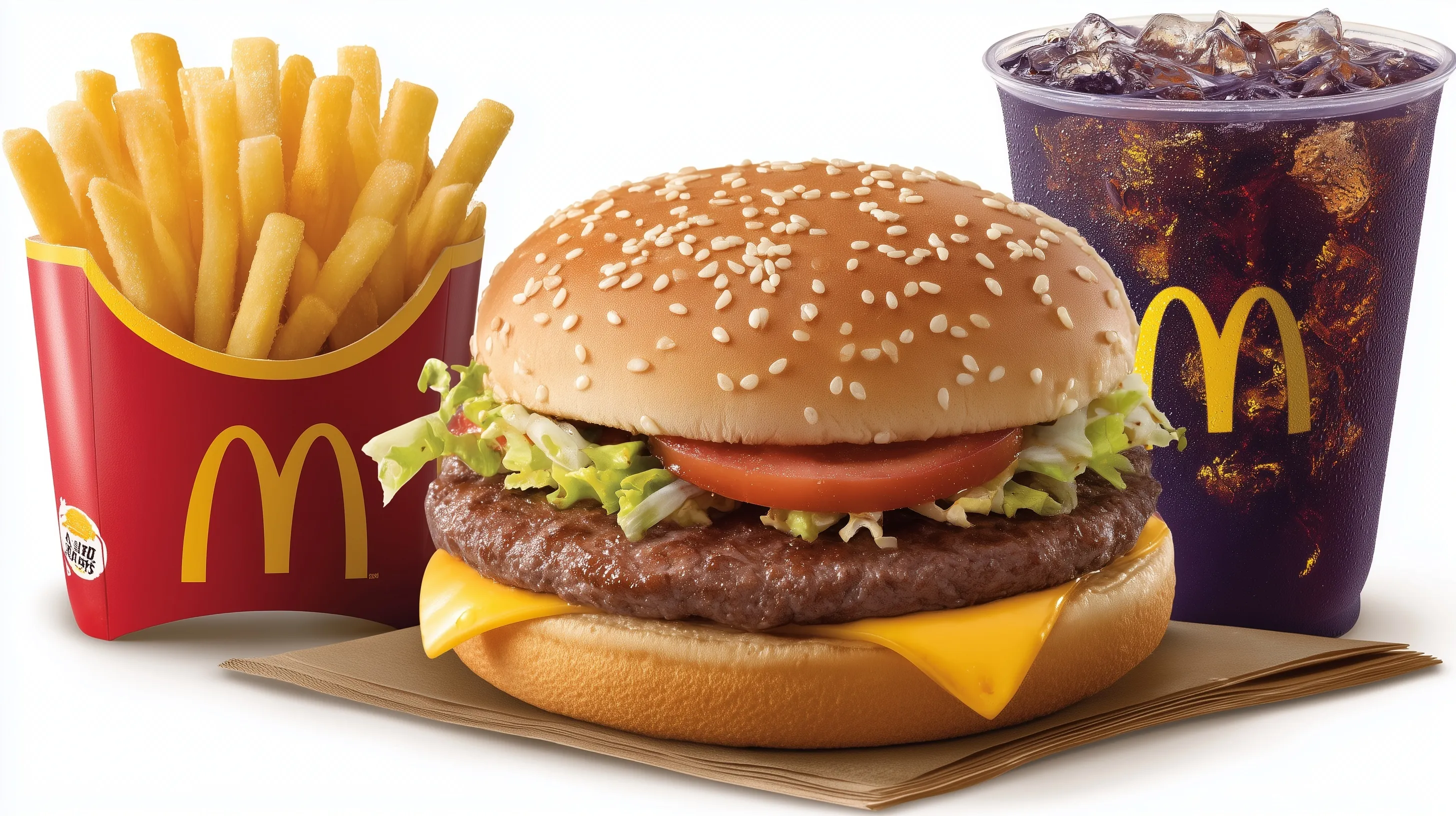 A classic fast food combo meal with a hamburger, golden fries, and a cold drink on a tray.